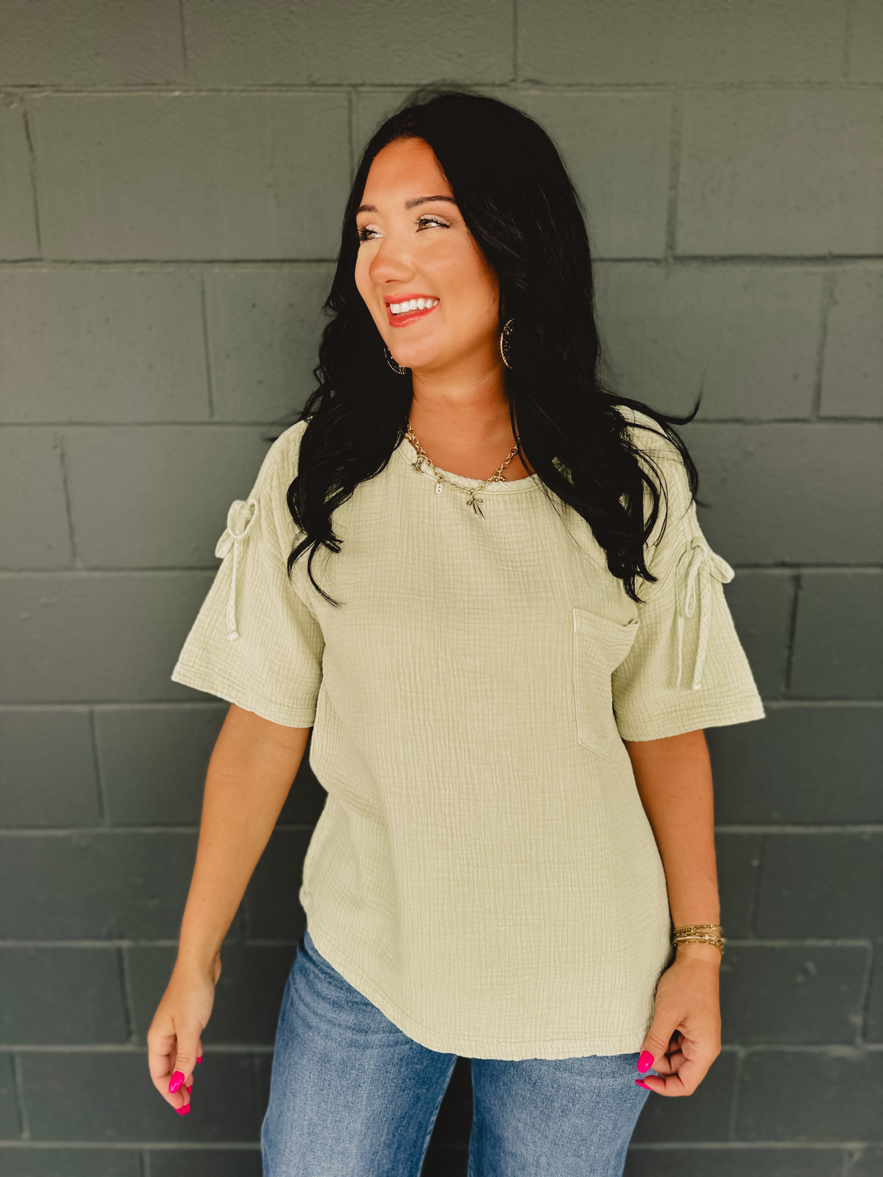 Ruched Shoulder Tie Gauze Top - Light Sage