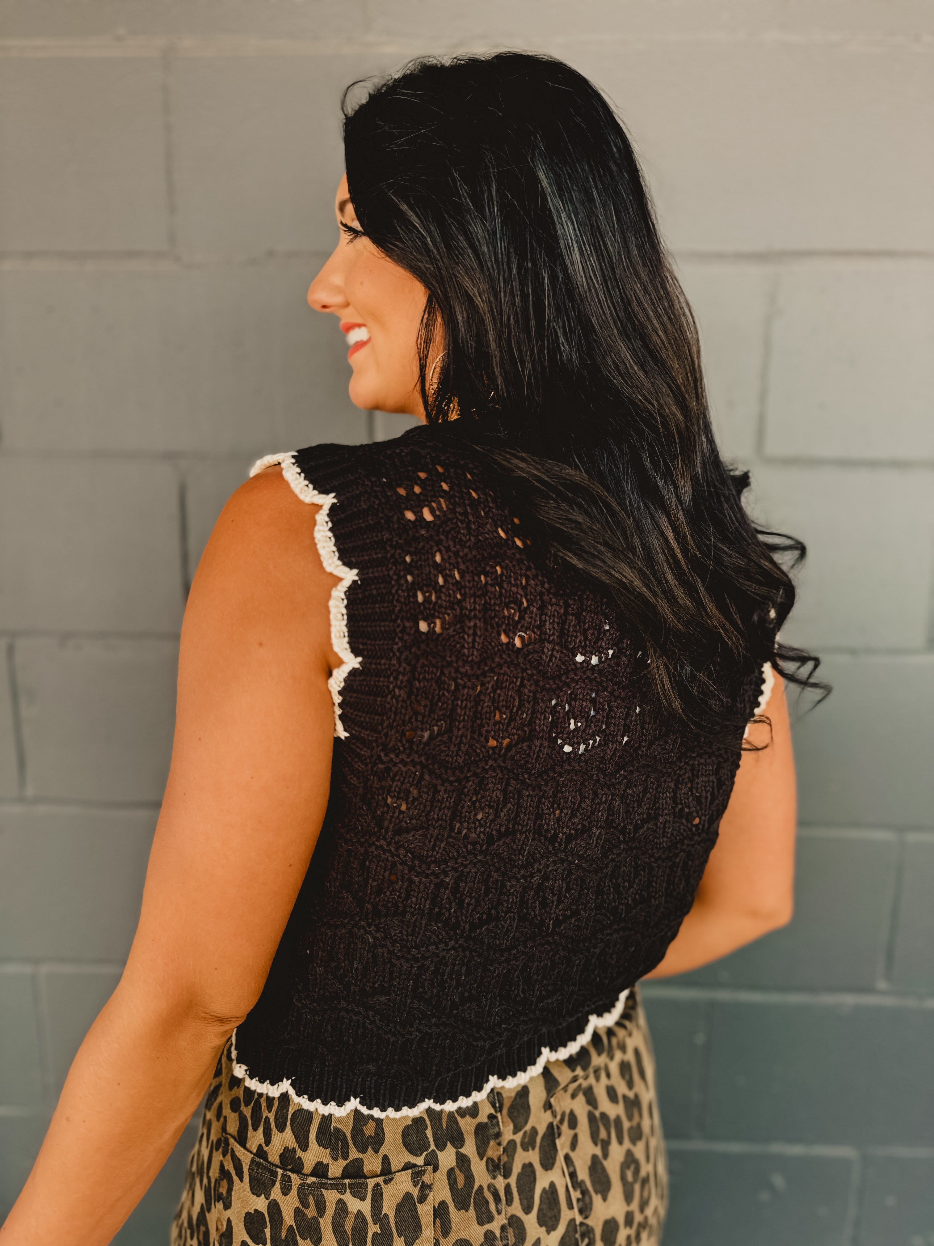 Scalloped Crochet Sweater Vest With Bow Details - Black/Natural Scalloped Crochet Sweater Vest With Bow Details - Black/Natural