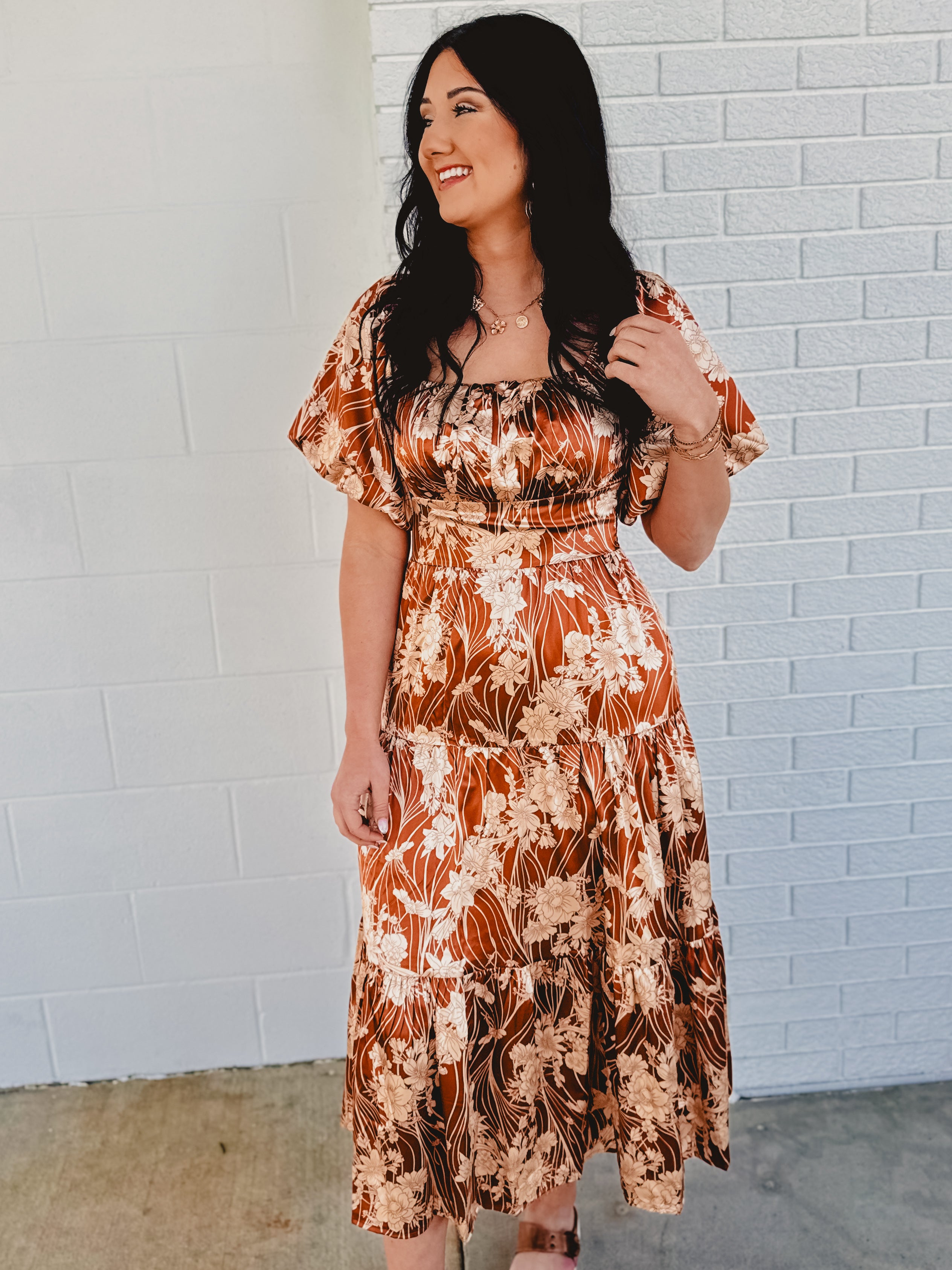Puff Sleeve Floral Silky Maxi Dress - Butterscotch