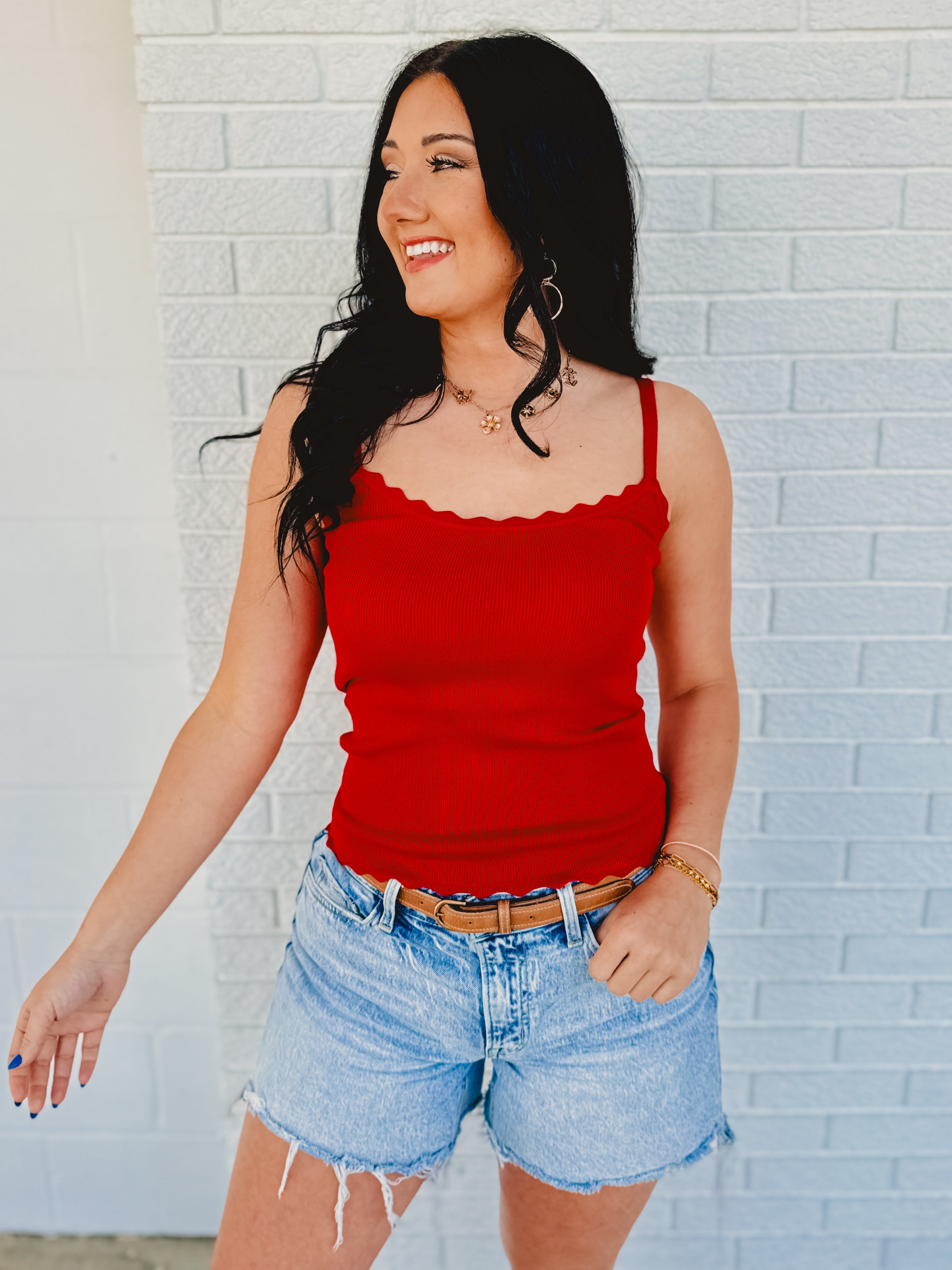 Scalloped Cami Top - Red