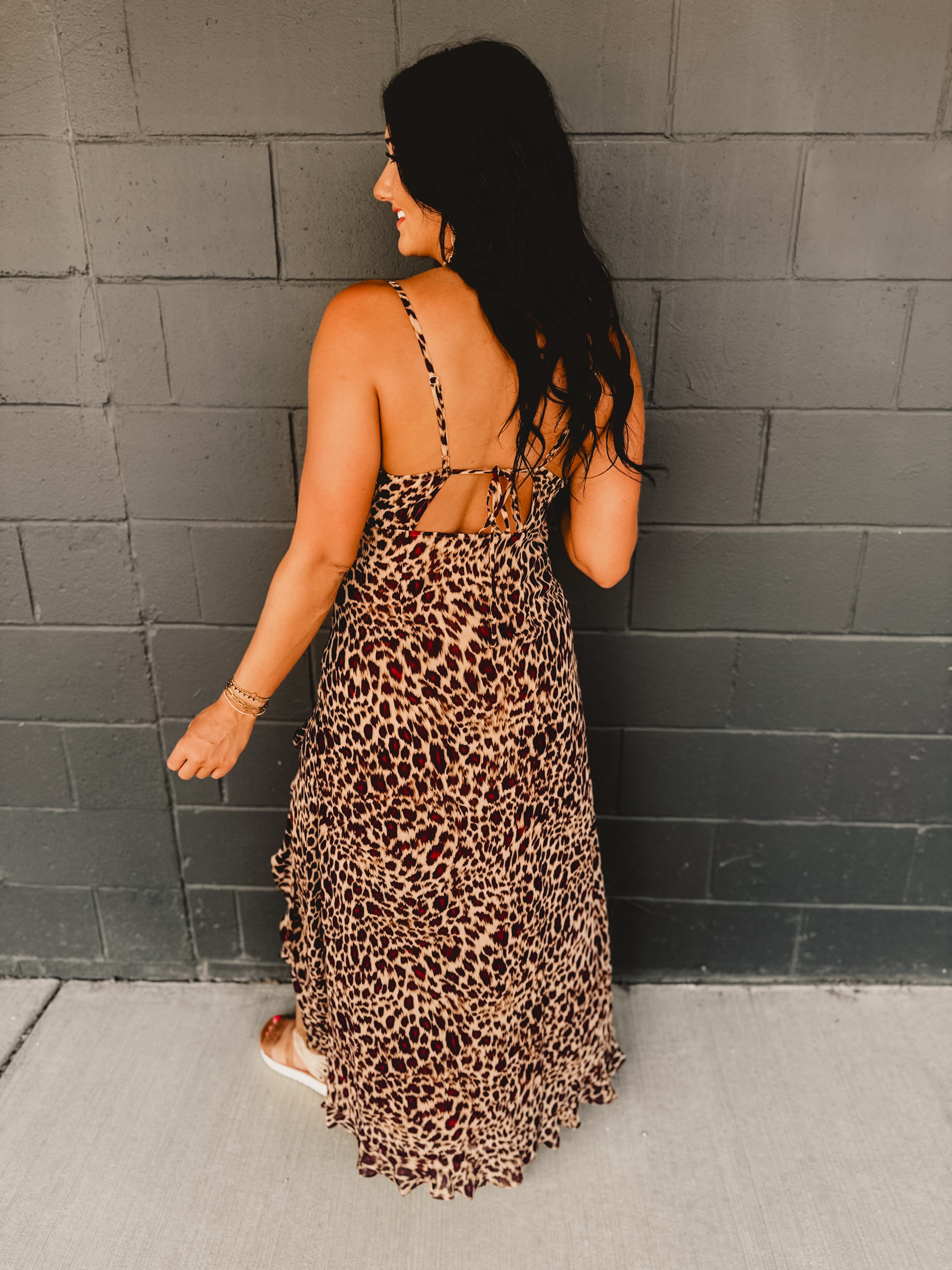 Leopard Ruffle Asymmetrical Midi Dress