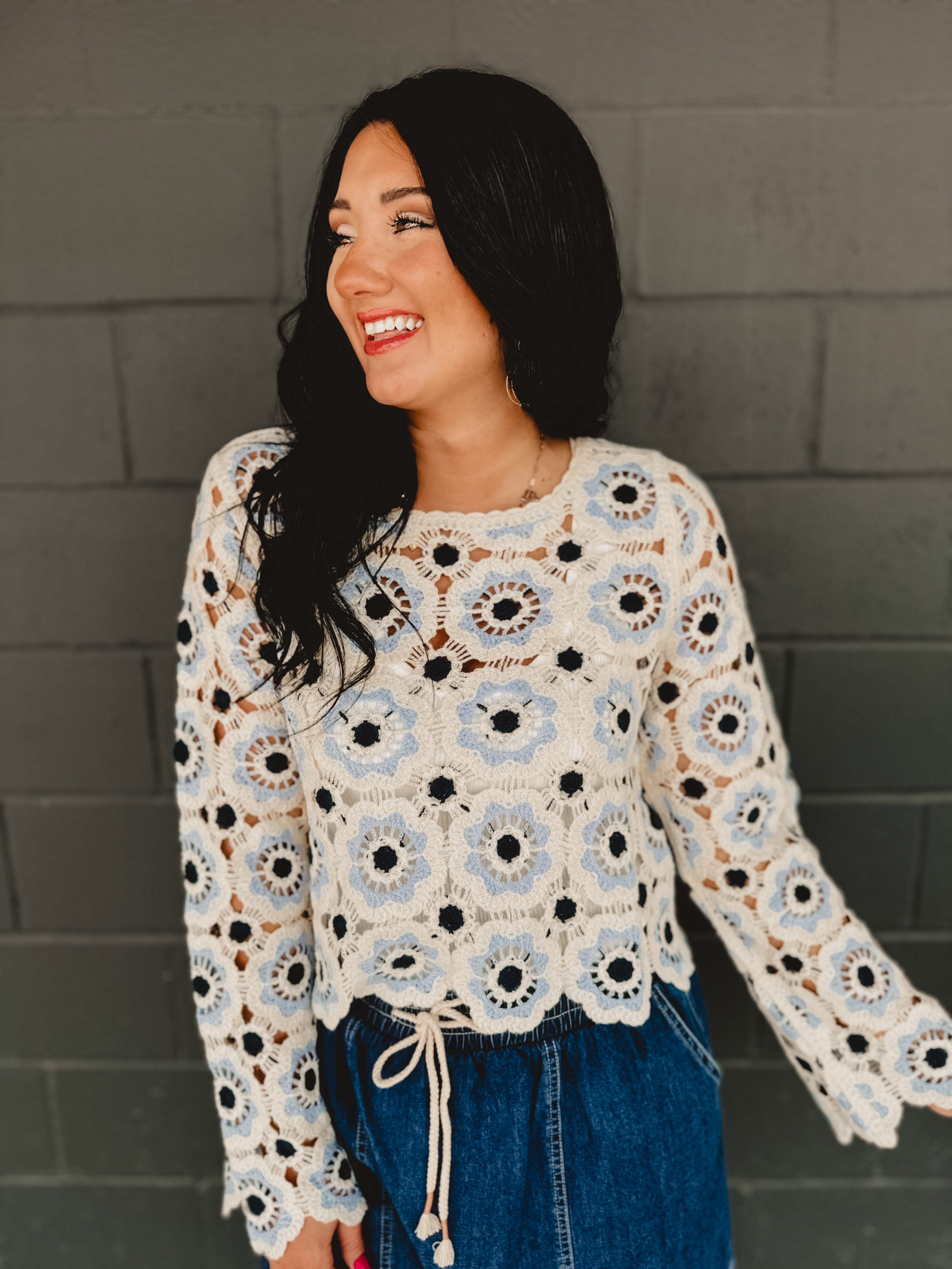 Crochet Flower Knit Long Sleeve Top - Blue Multi Crochet Flower Knit Long Sleeve Top - Blue Multi