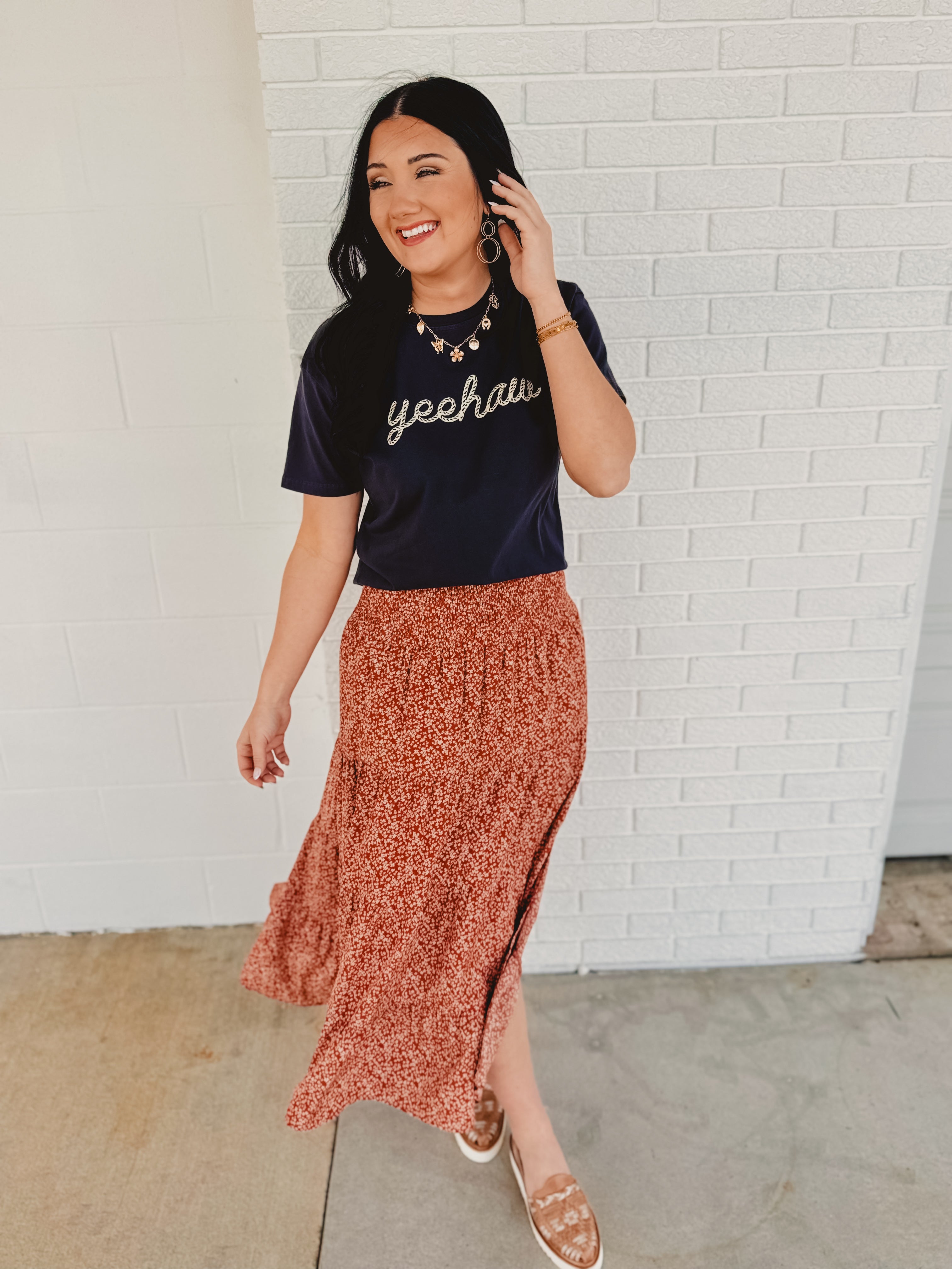Floral Tiered Midi Skirt with Front Slit - Rust Floral Tiered Midi Skirt with Front Slit - Rust