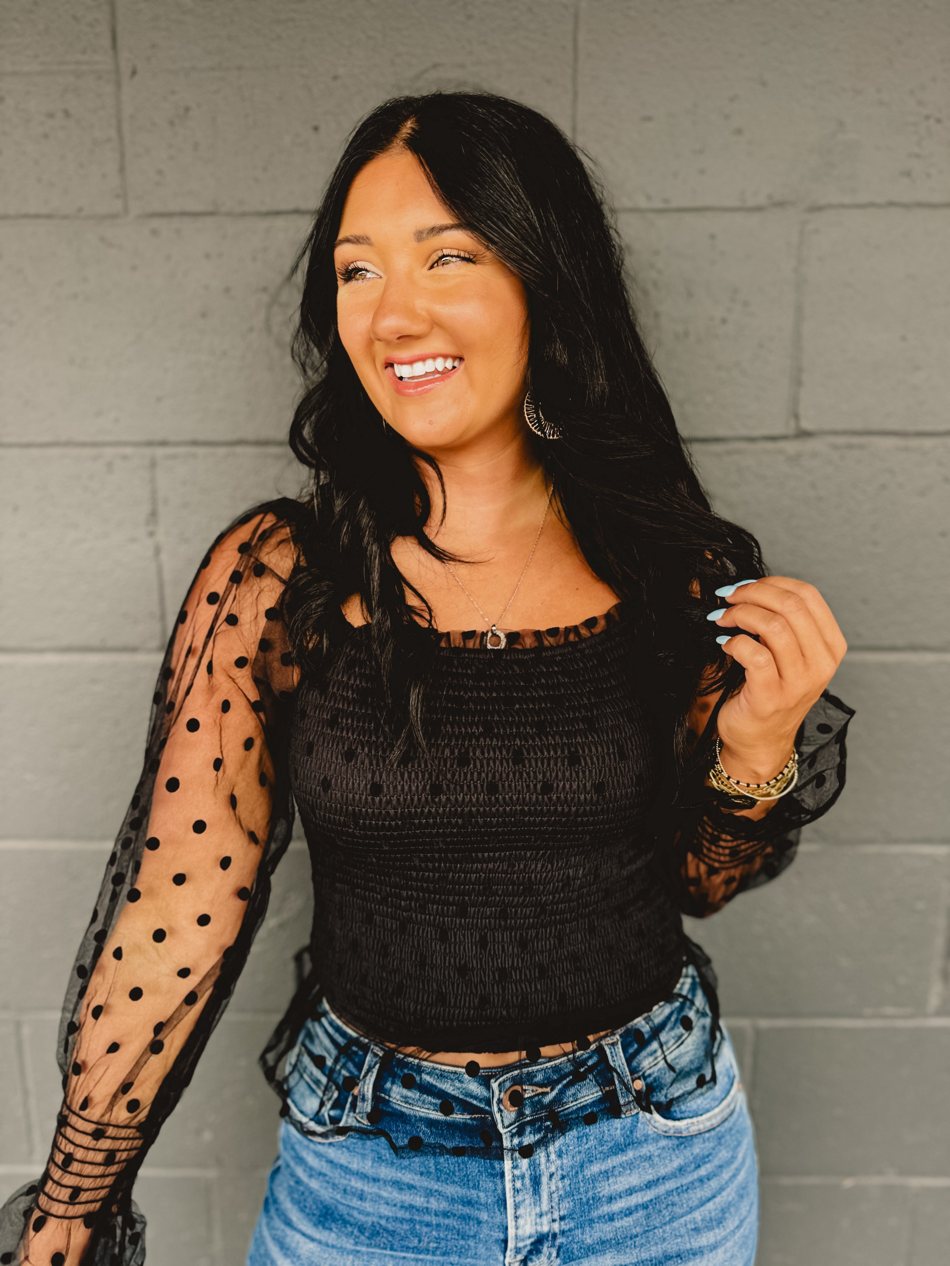 Dotted Mesh Sleeve Top - Black Dotted Mesh Sleeve Top - Black