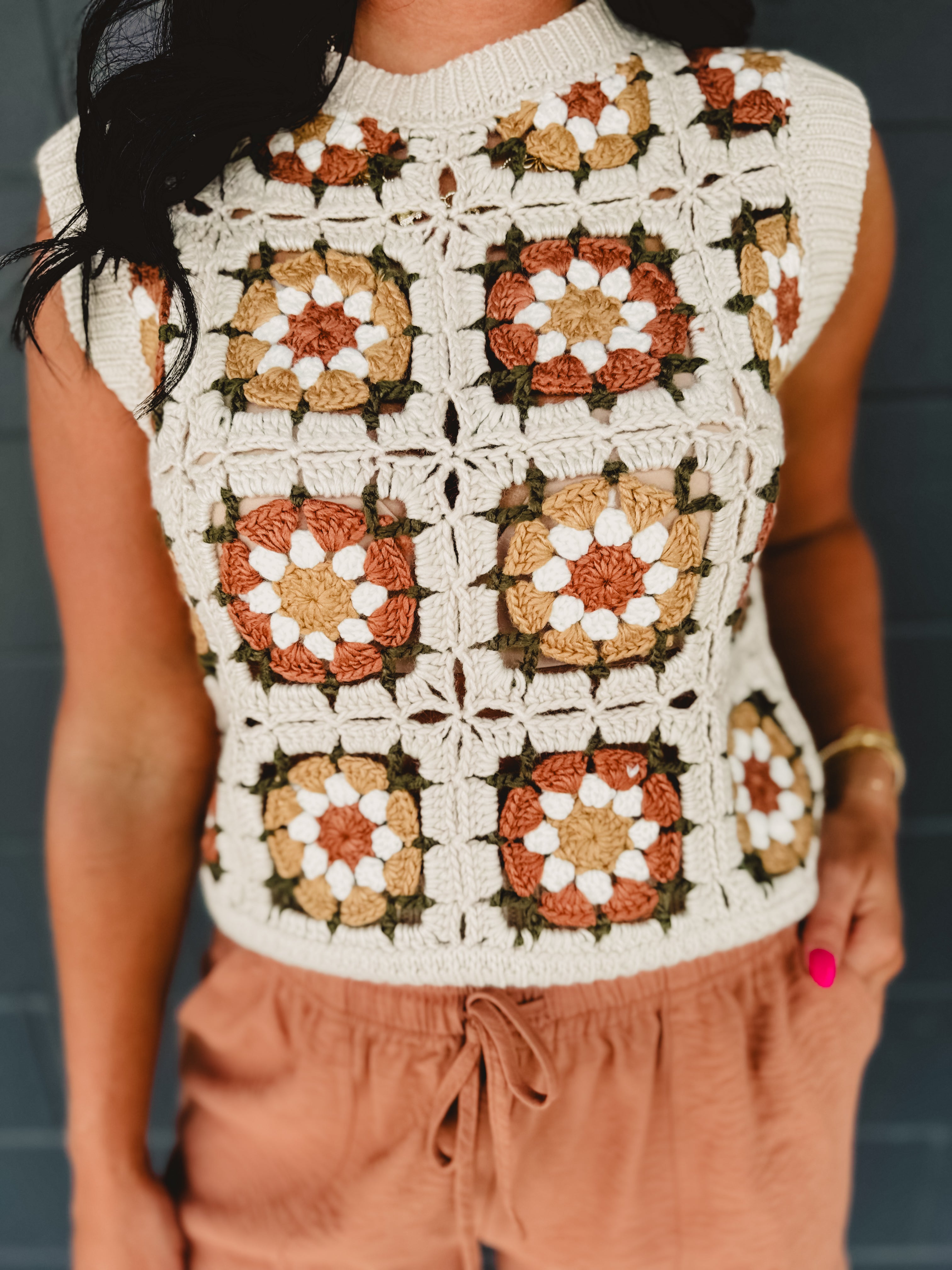 Flower Crochet Sweater Vest - Natural Multi Flower Crochet Sweater Vest - Natural Multi