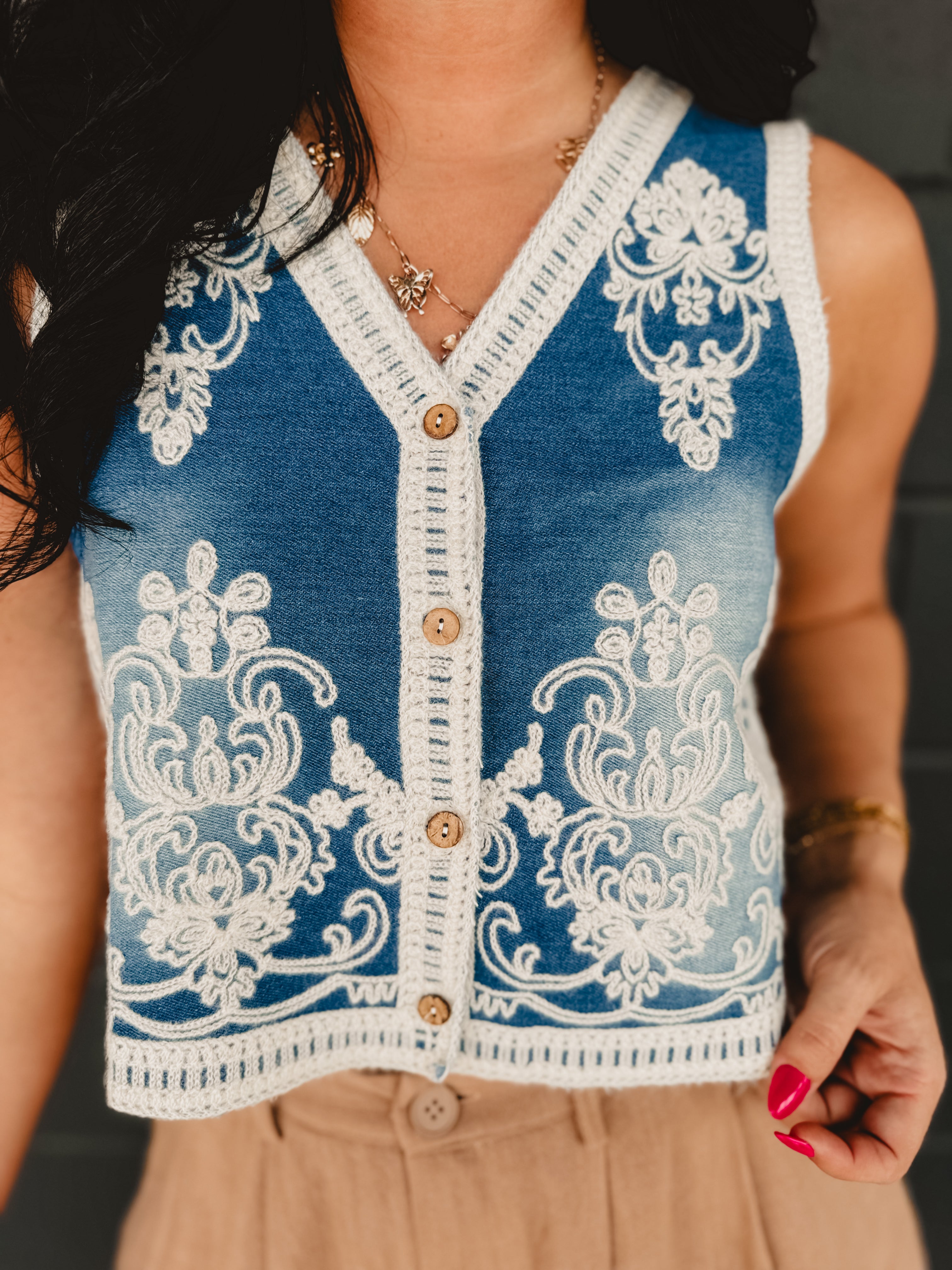 Denim Washed Embroidered Vest - Medium Wash Denim Washed Embroidered Vest - Medium Wash