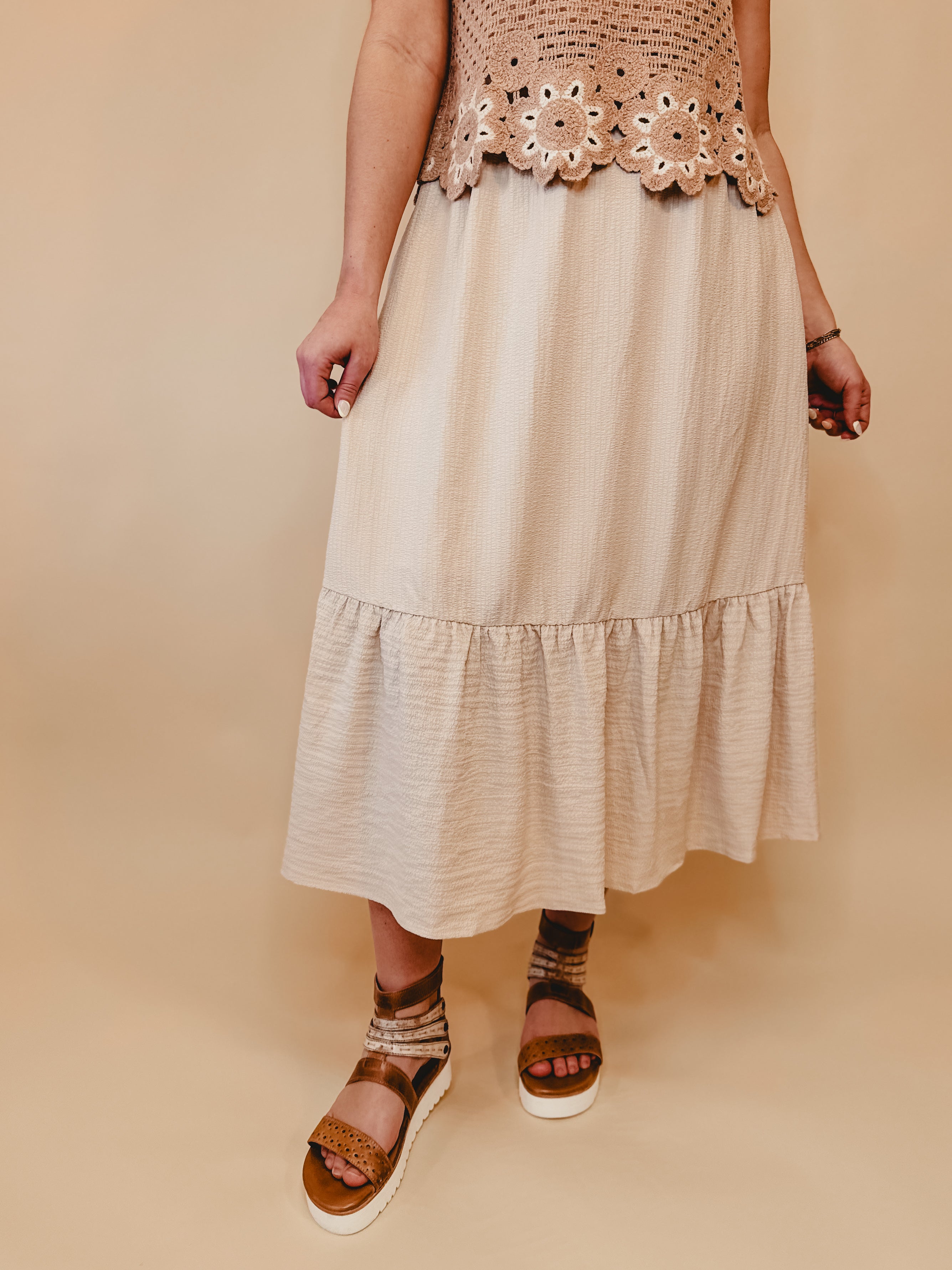 Ruffled Hem Midi Skirt - Natural