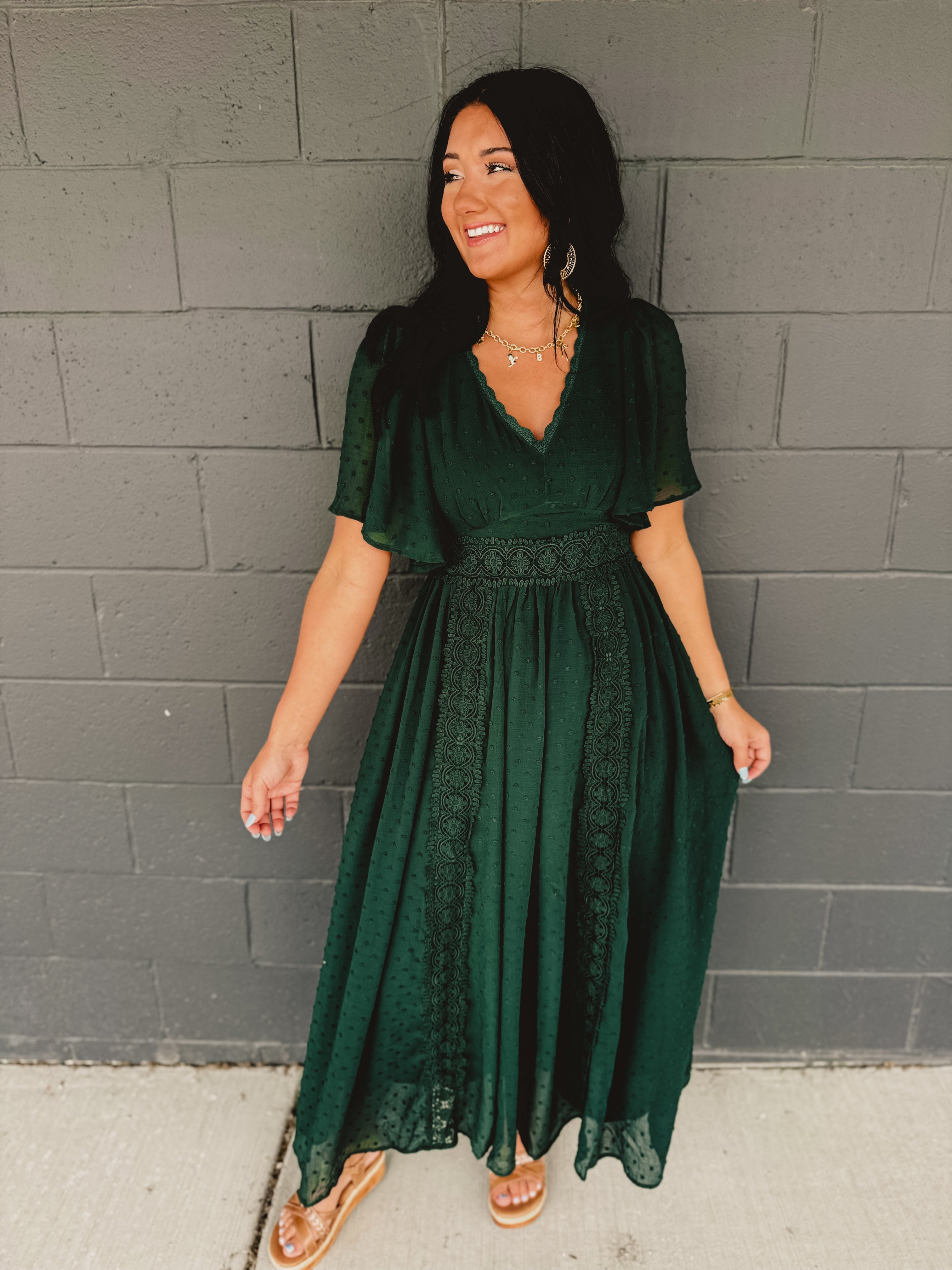Swiss Dot Lace Maxi Dress - Evergreen