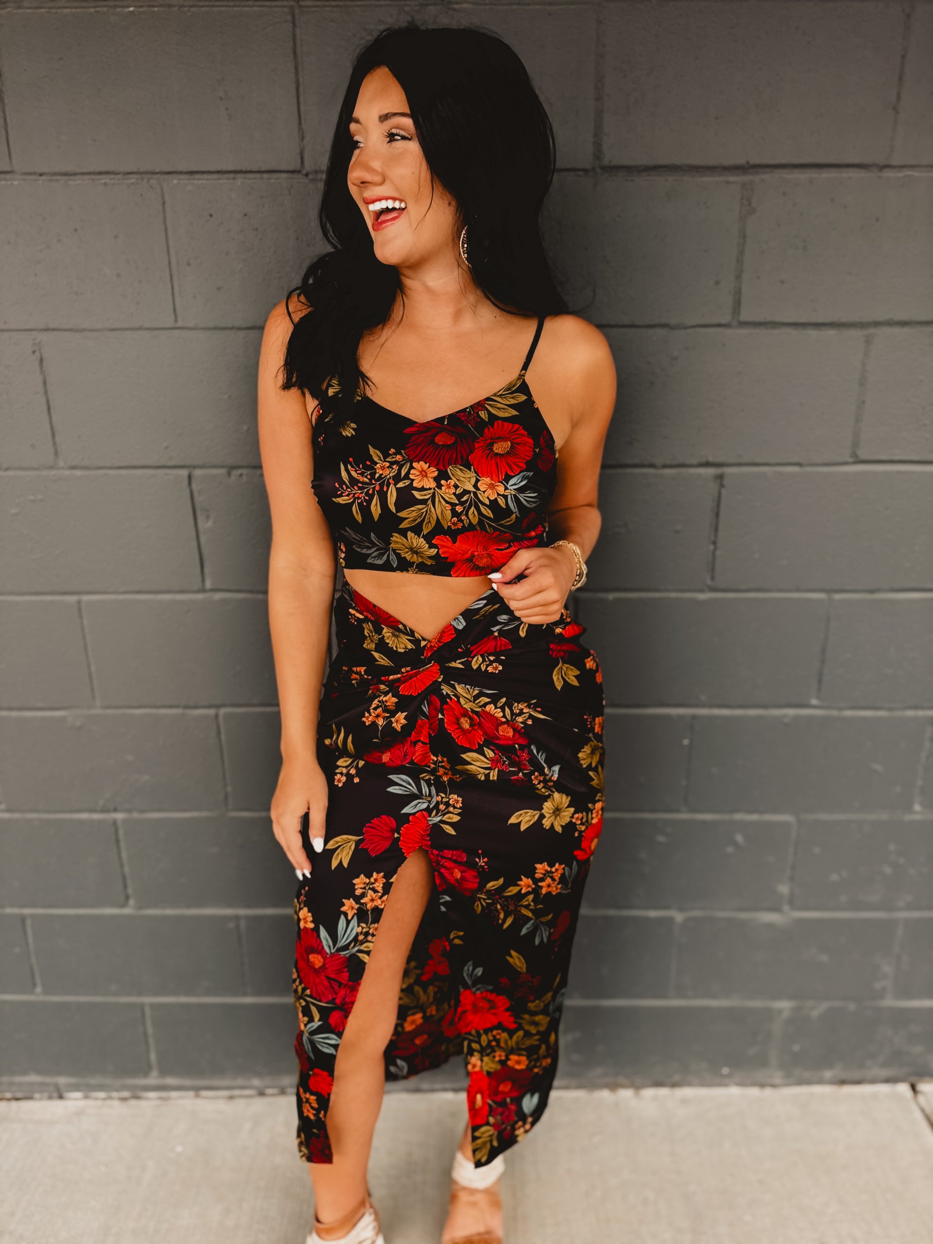 Midnight Floral Satin Two Piece Set - Black