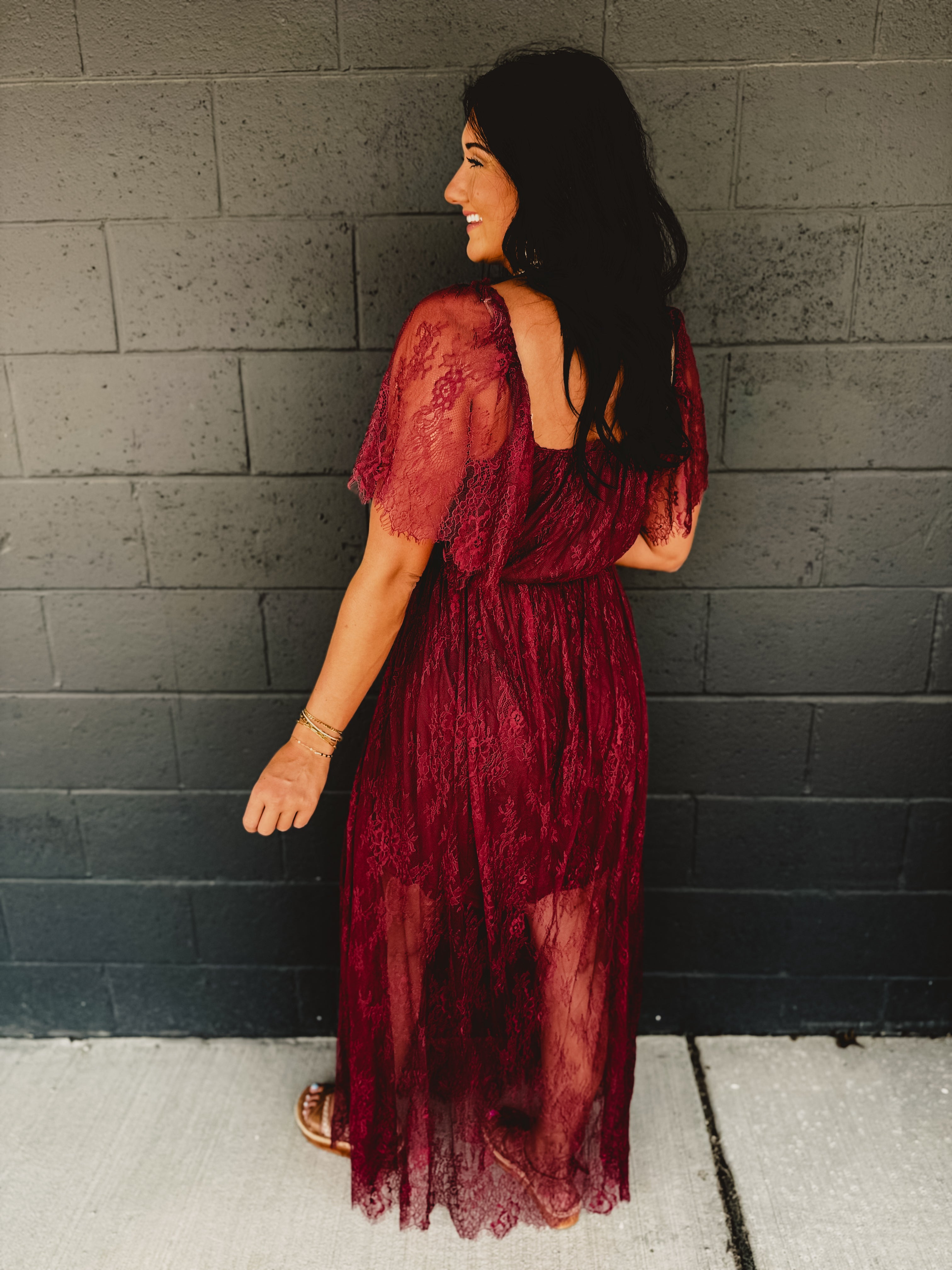 Floral Lace Overlay Maxi Dress - Wine Floral Lace Overlay Maxi Dress - Wine
