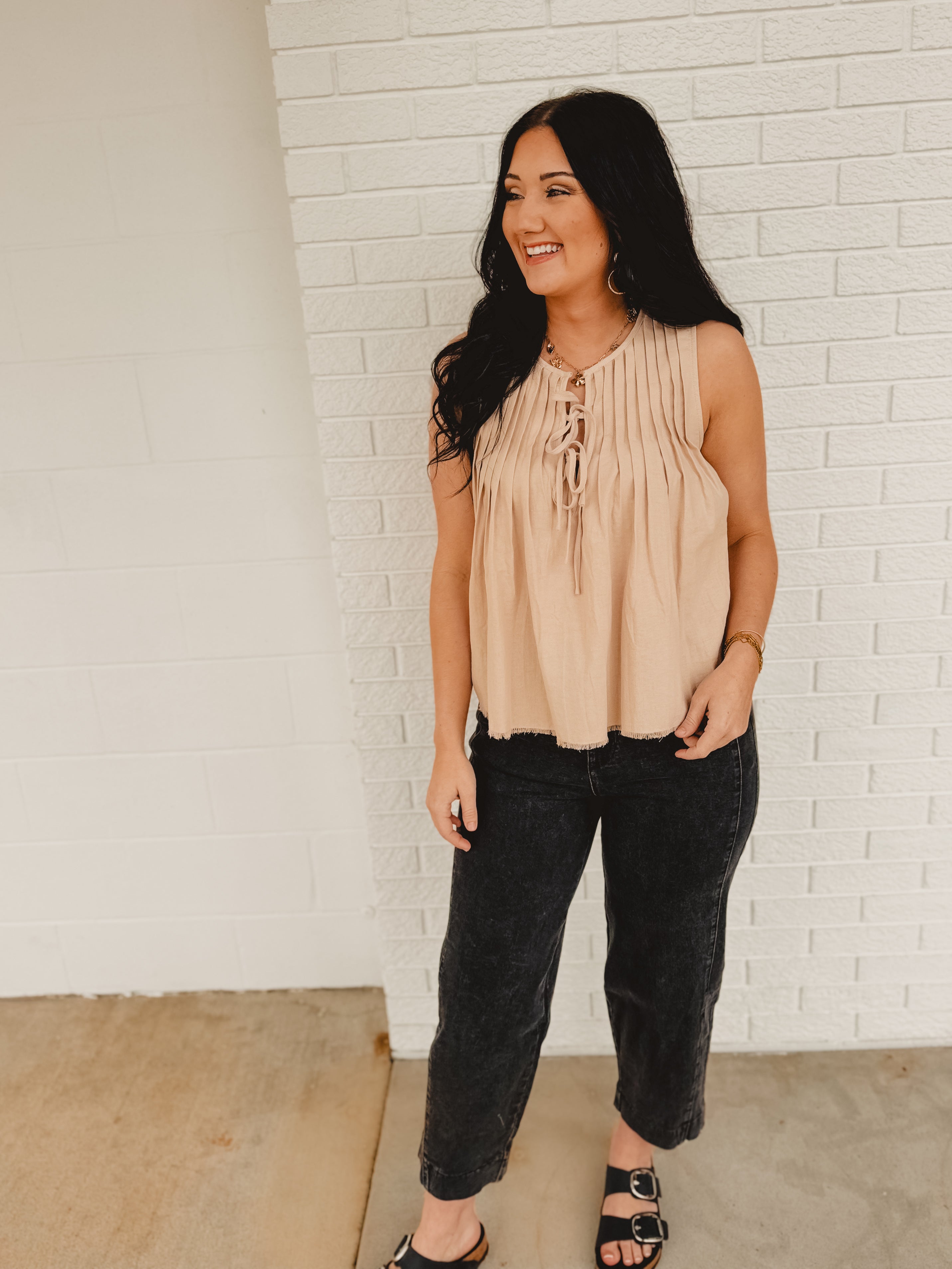 Tie Front Pleated Sleeveless Top - Natural Tie Front Pleated Sleeveless Top - Natural