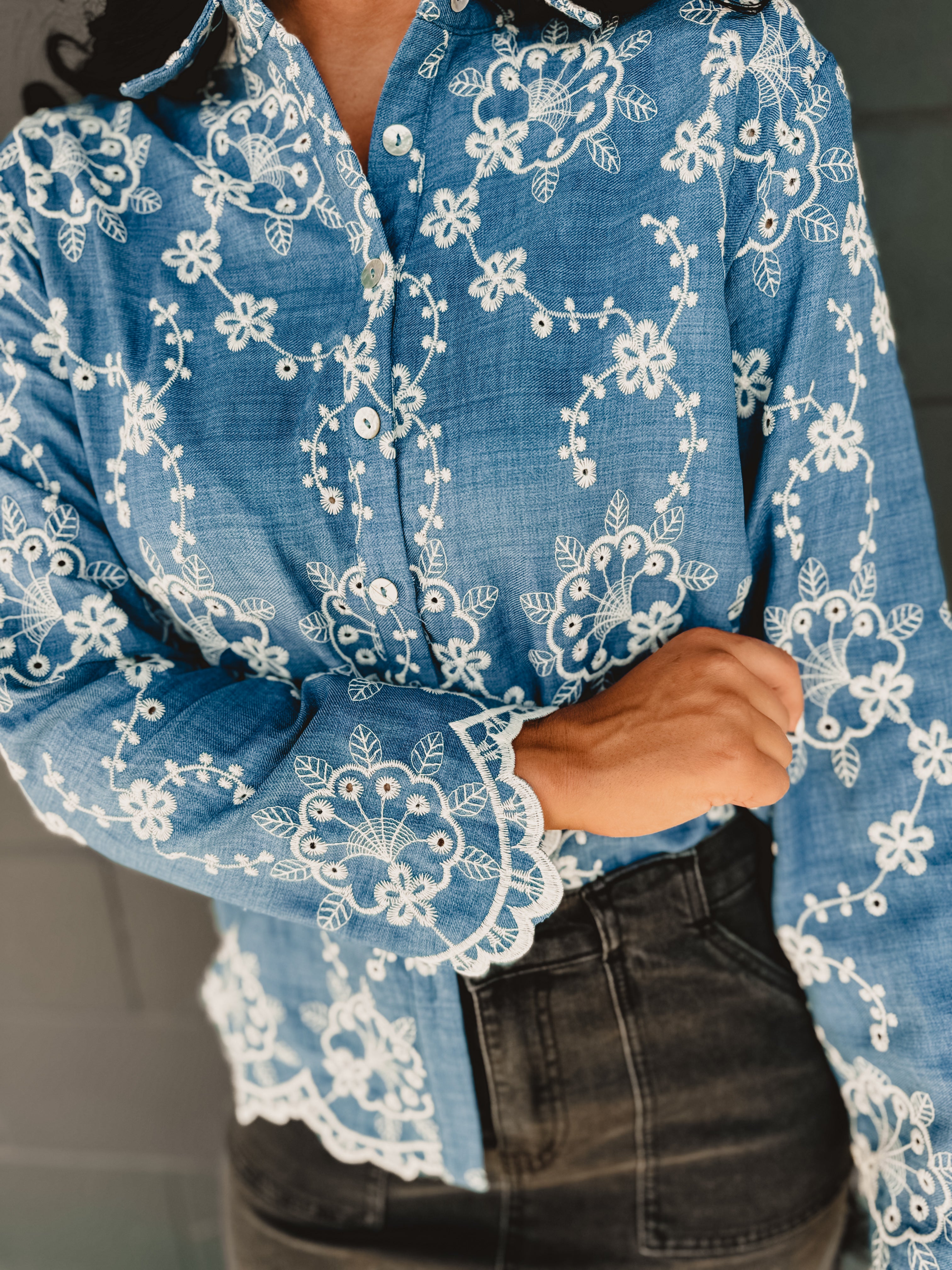 Button Down Floral Embroidered Denim Top Button Down Floral Embroidered Denim Top
