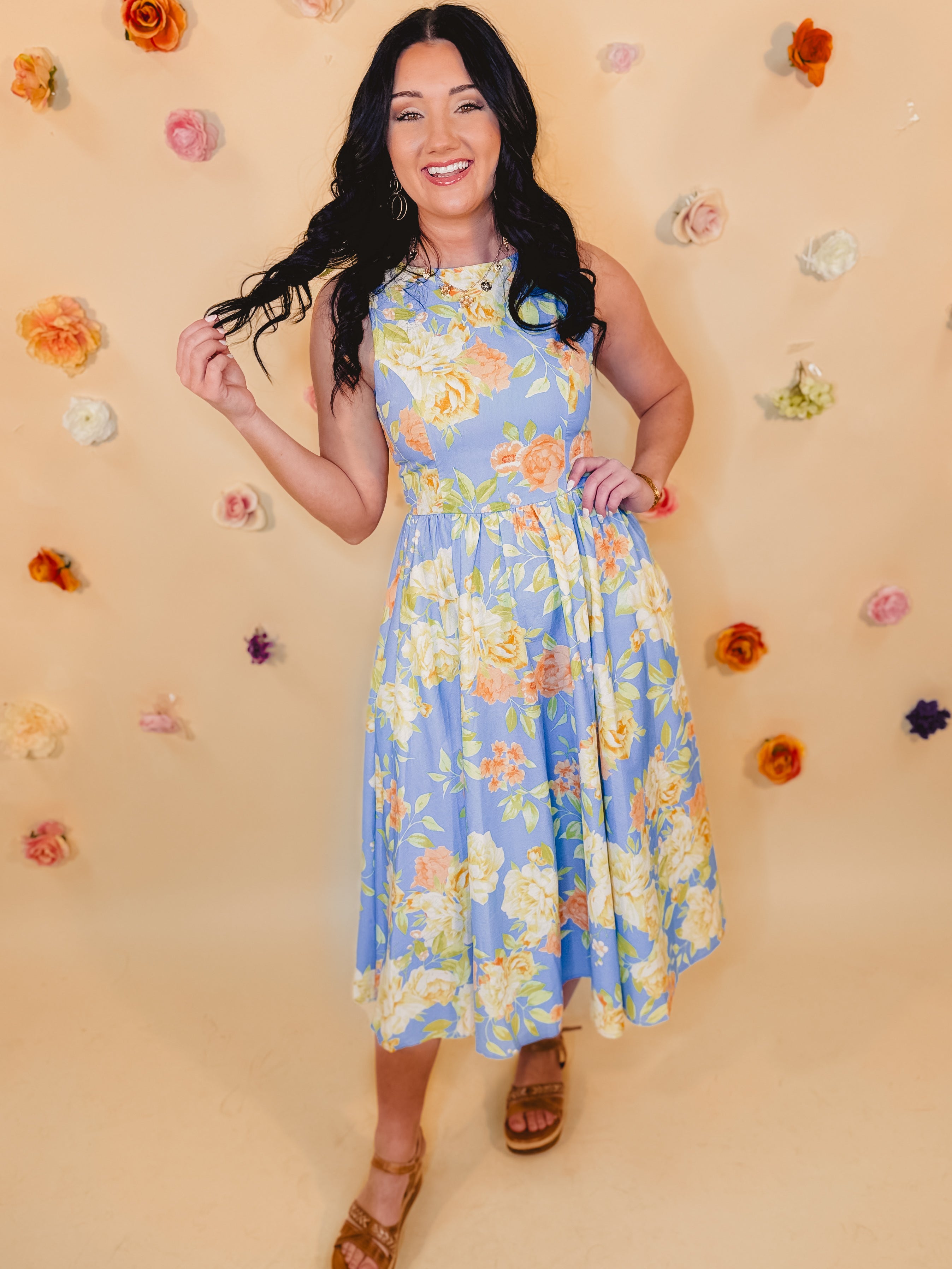 Floral Print Midi Dress - Powder Blue