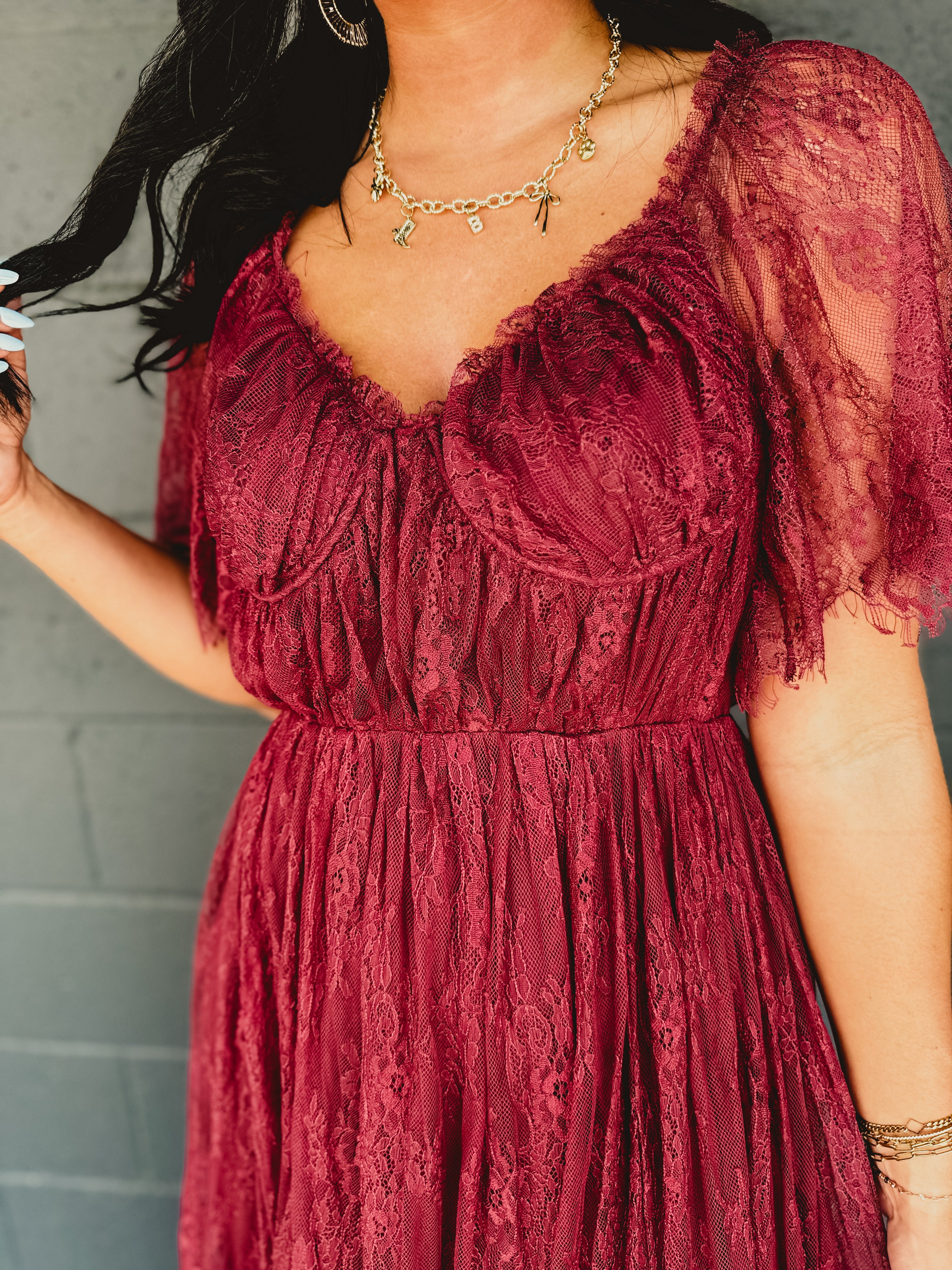 Floral Lace Overlay Maxi Dress - Wine Floral Lace Overlay Maxi Dress - Wine