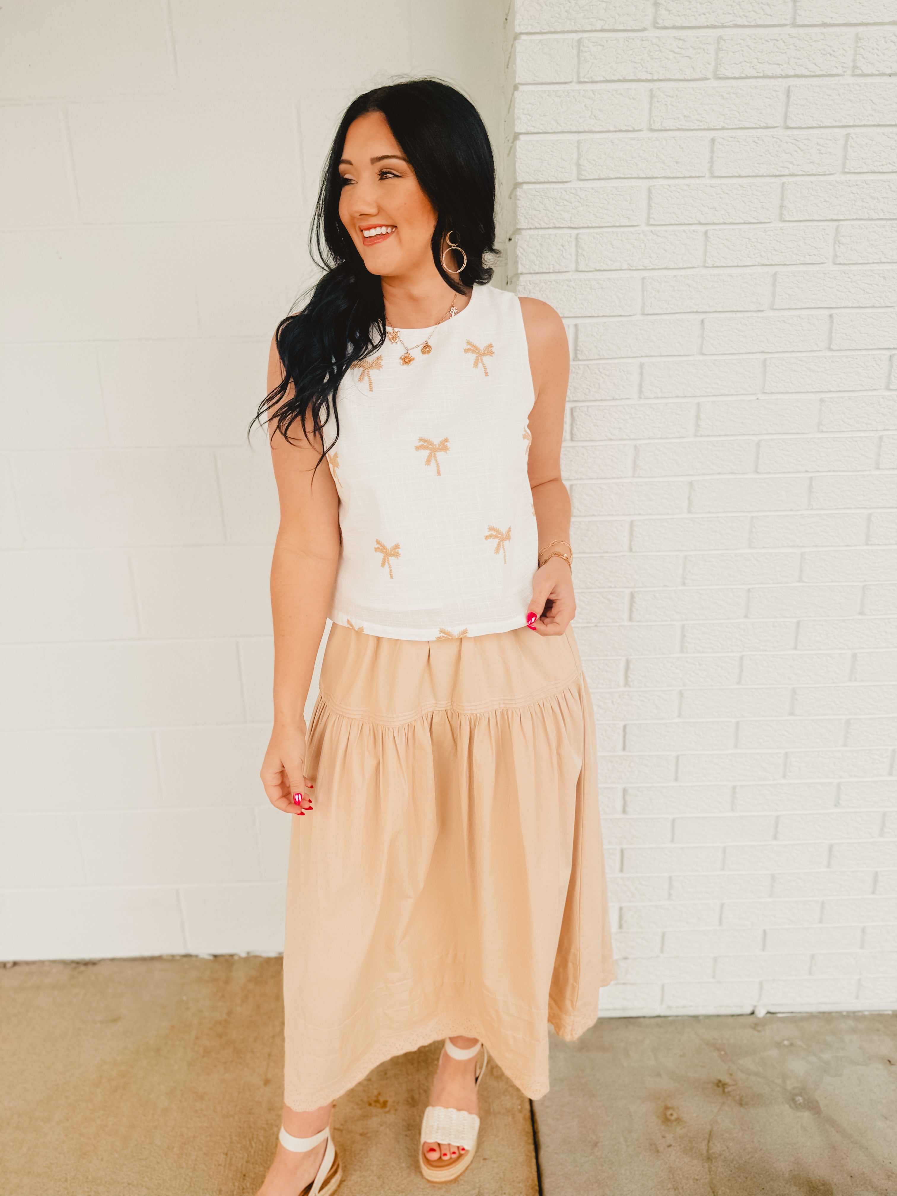 Palm Tree Embroidery Linen Tank Top - White Palm Tree Embroidery Linen Tank Top - White