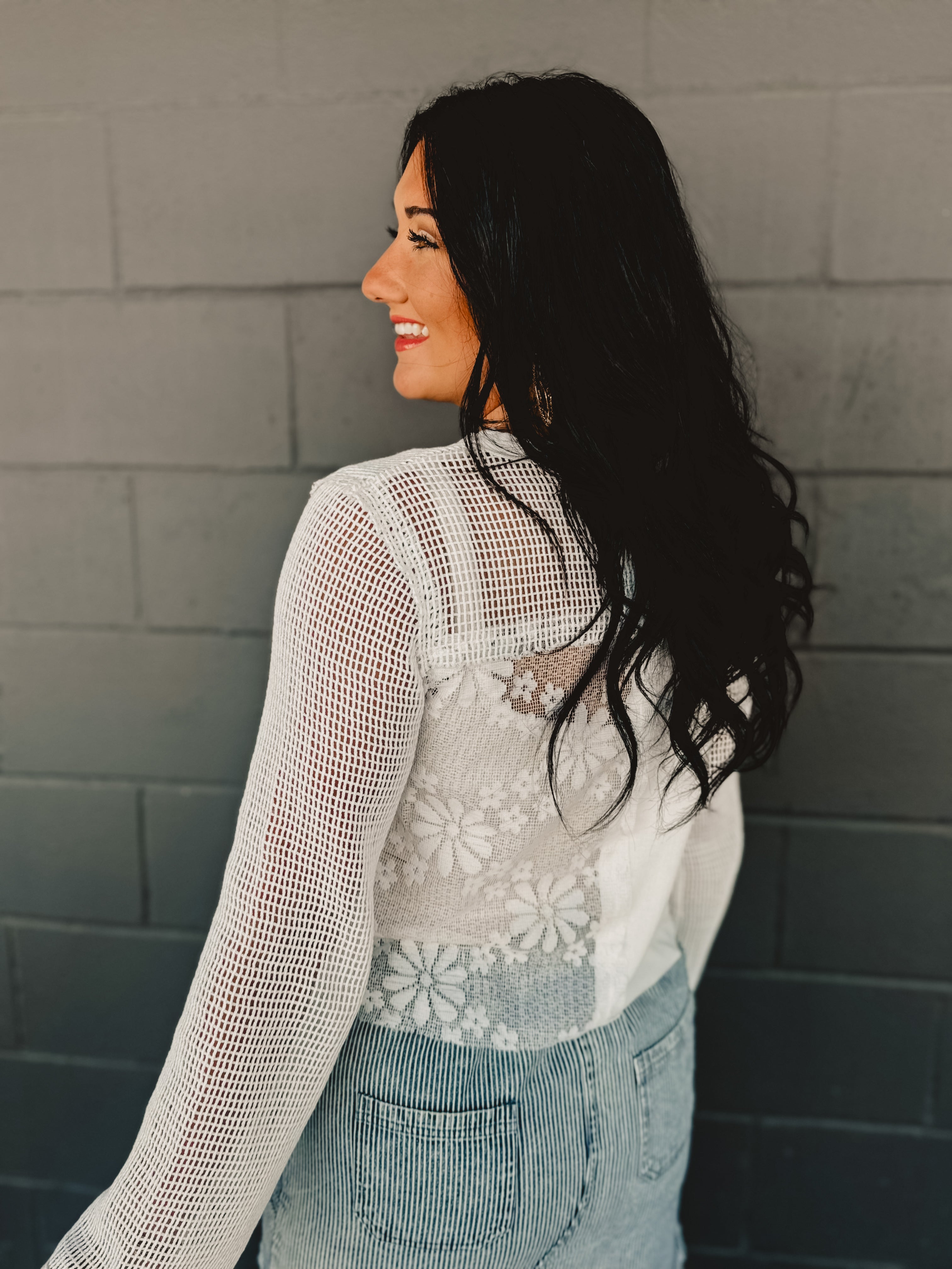 POL Crochet Contrast Long Sleeve Top - Off White