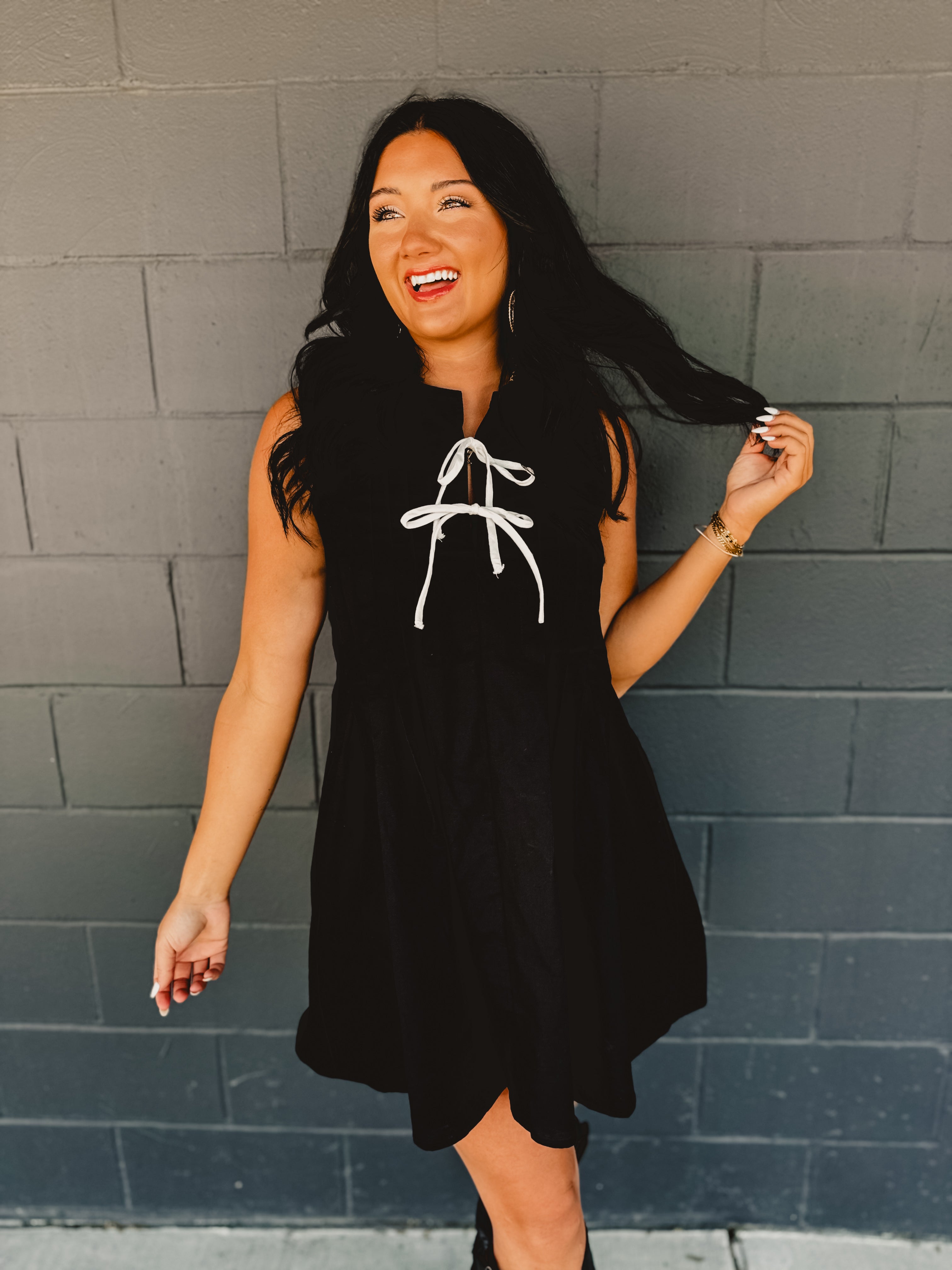 Bow Pleated Mini Dress - Black