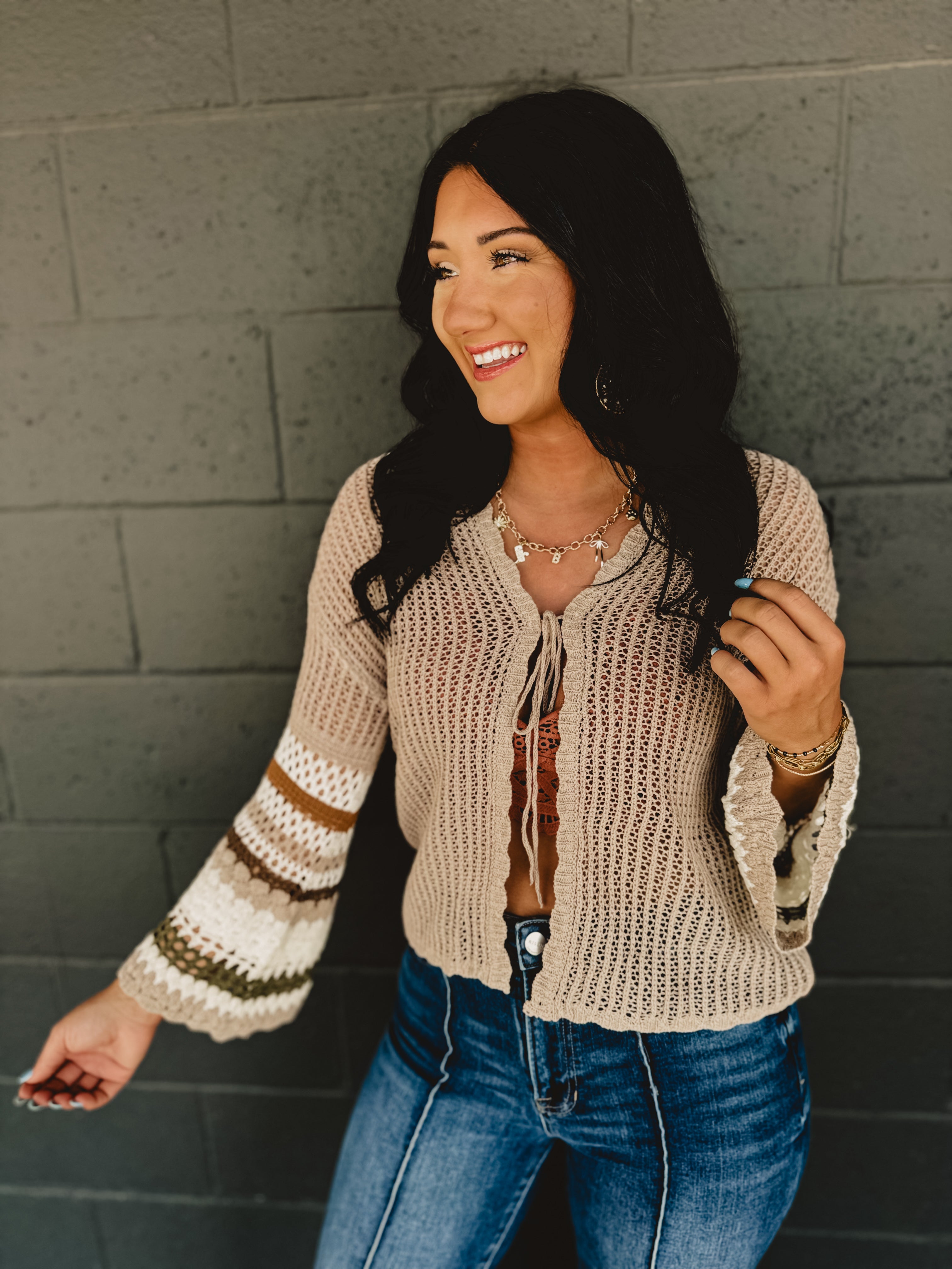 Striped Sleeve Detail Crochet Cardigan - Mocha/Olive