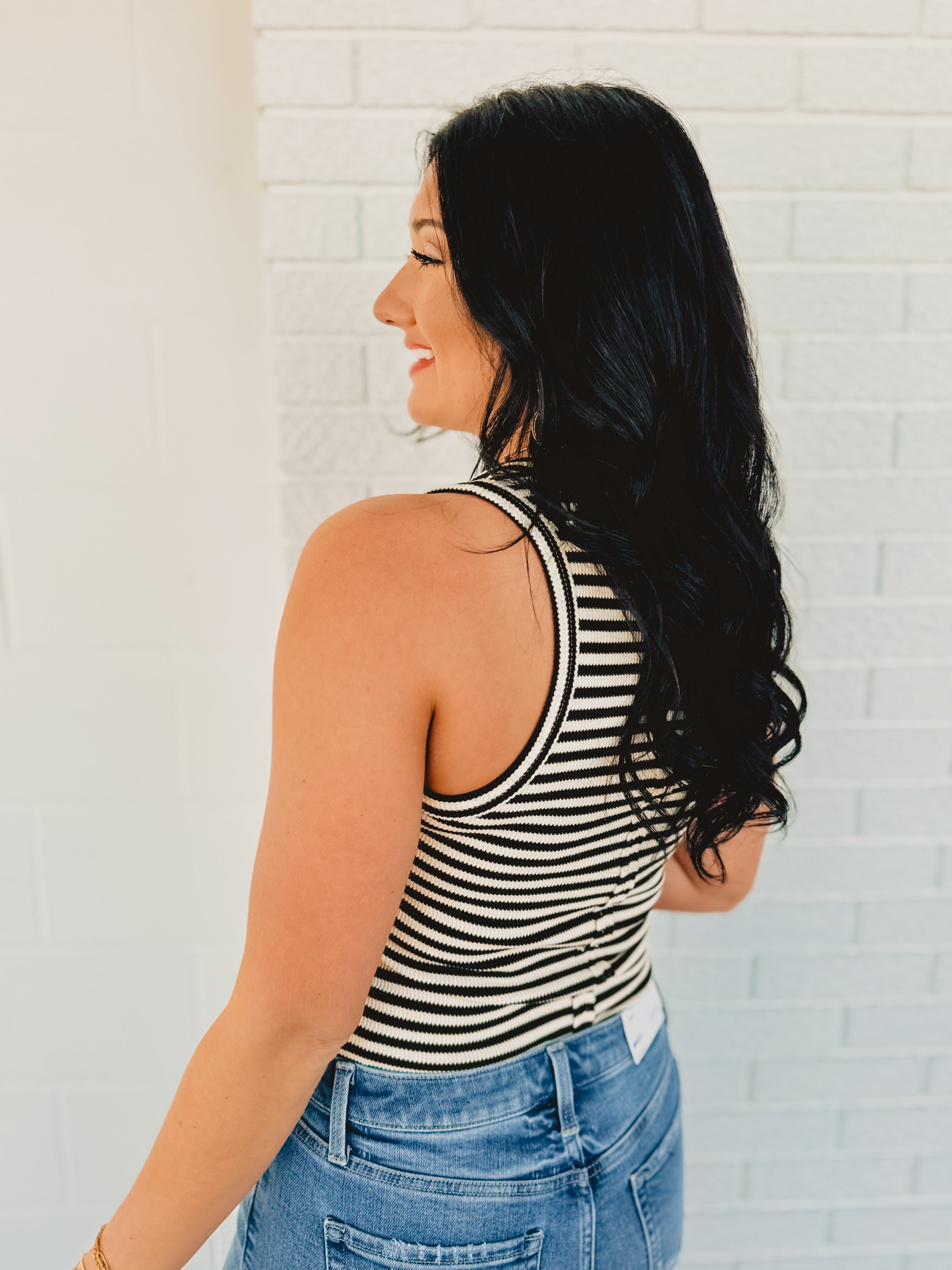 Striped & Solid Button Down Knit Tank Top - Black Striped & Solid Button Down Knit Tank Top - Black