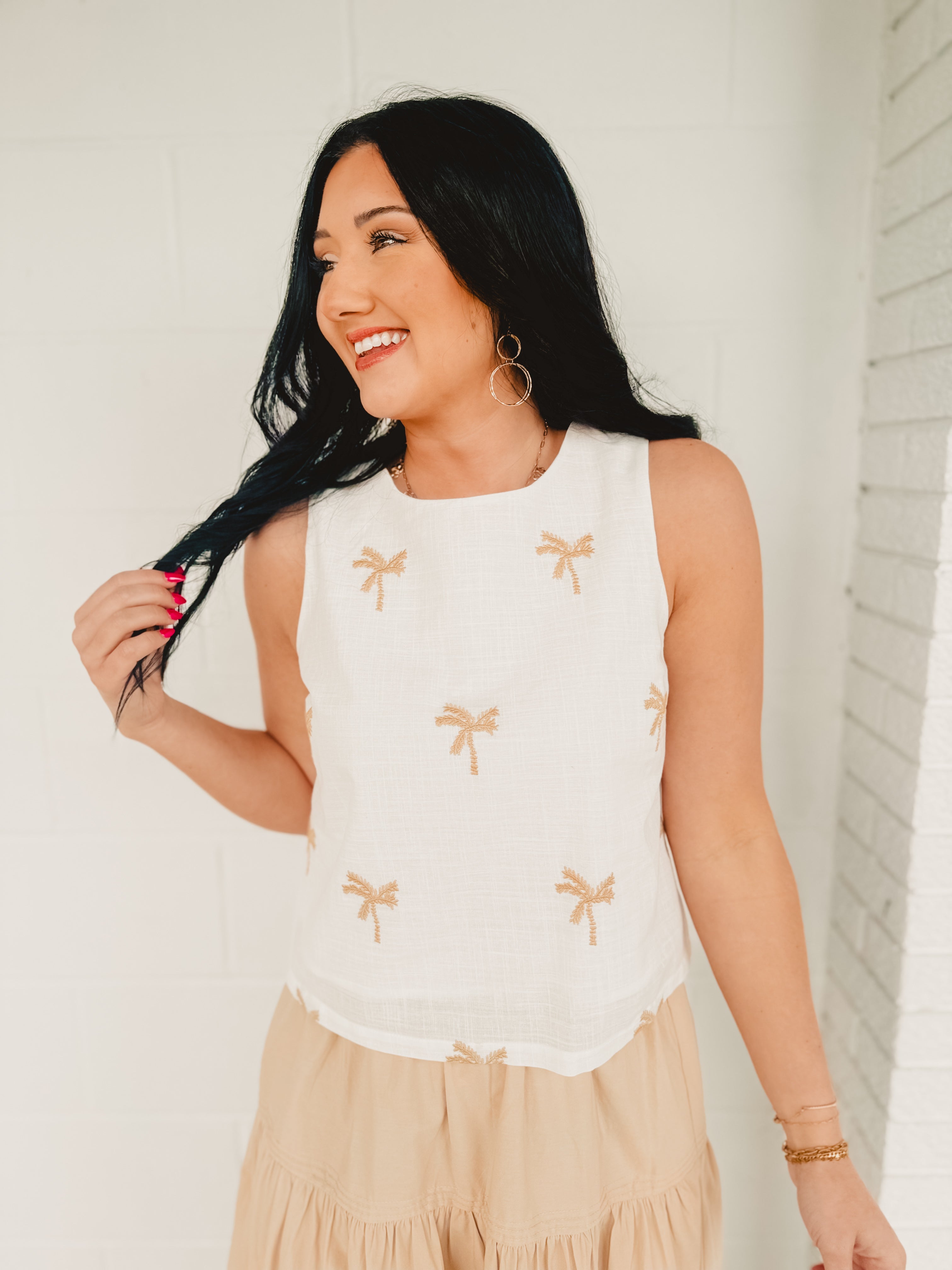 Palm Tree Embroidery Linen Tank Top - White