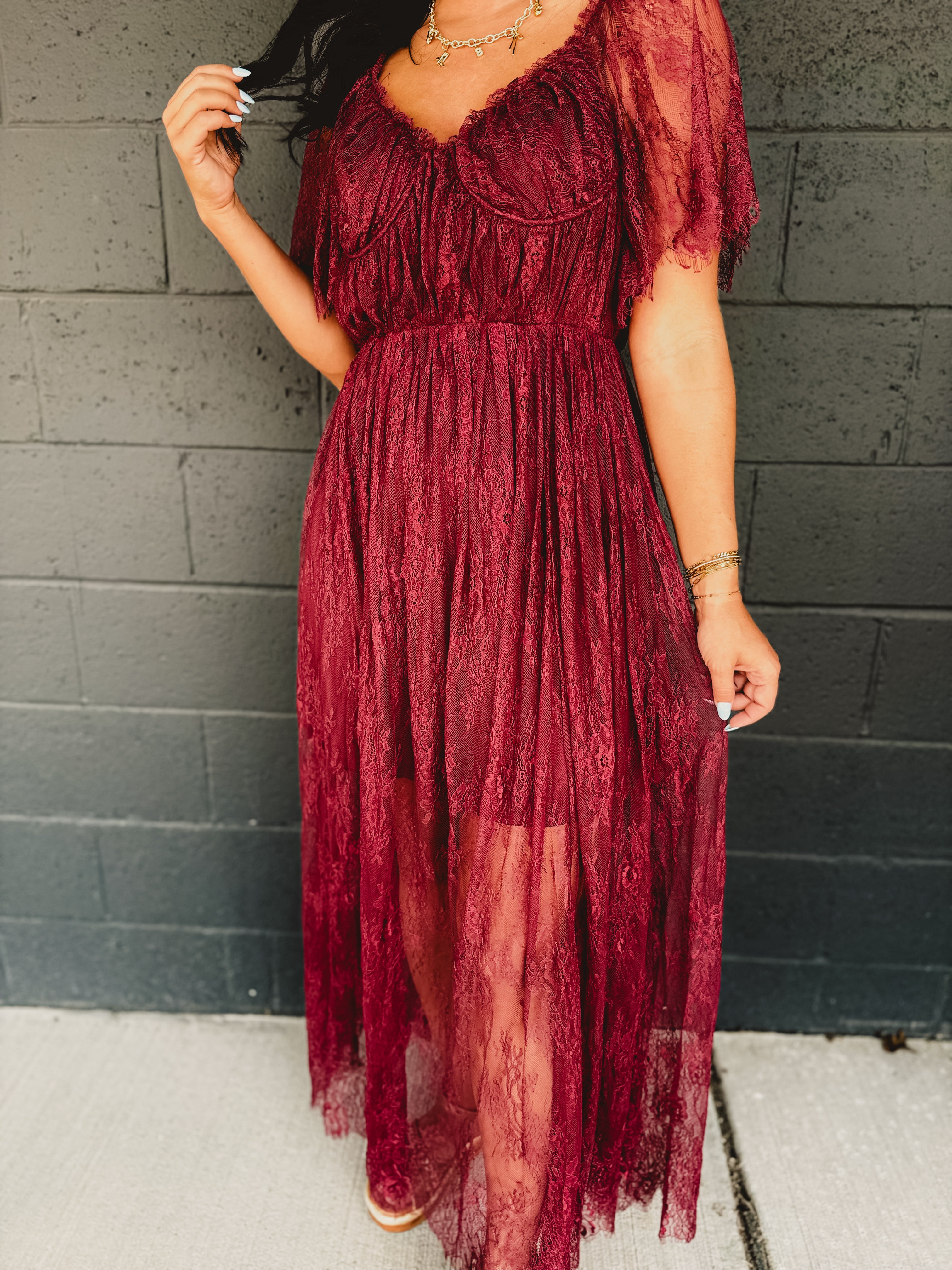 Floral Lace Overlay Maxi Dress - Wine Floral Lace Overlay Maxi Dress - Wine