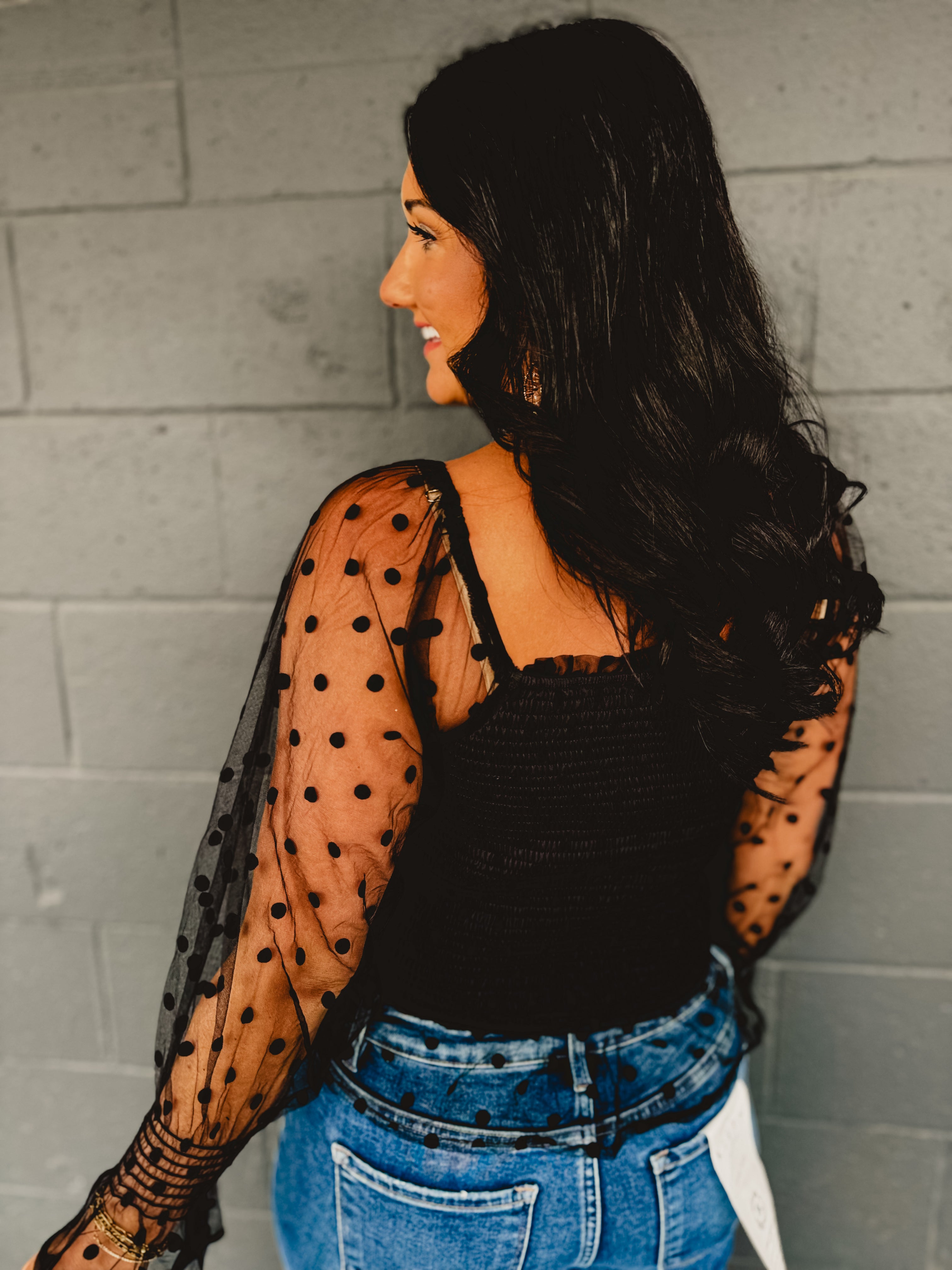 Dotted Mesh Sleeve Top - Black Dotted Mesh Sleeve Top - Black
