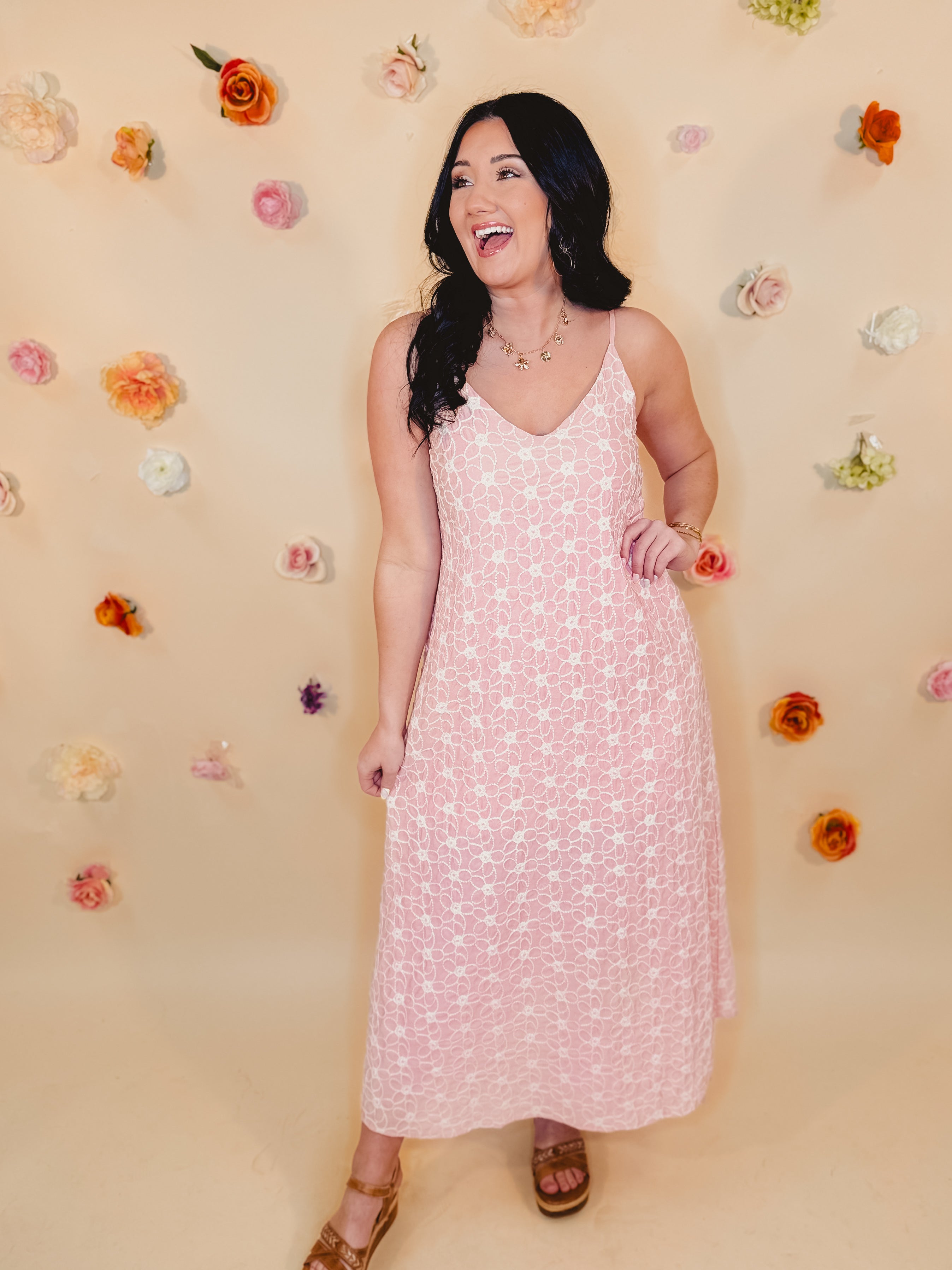 Floral Embroidered V-Neck Dress - Sunset Coral Floral Embroidered V-Neck Dress - Sunset Coral