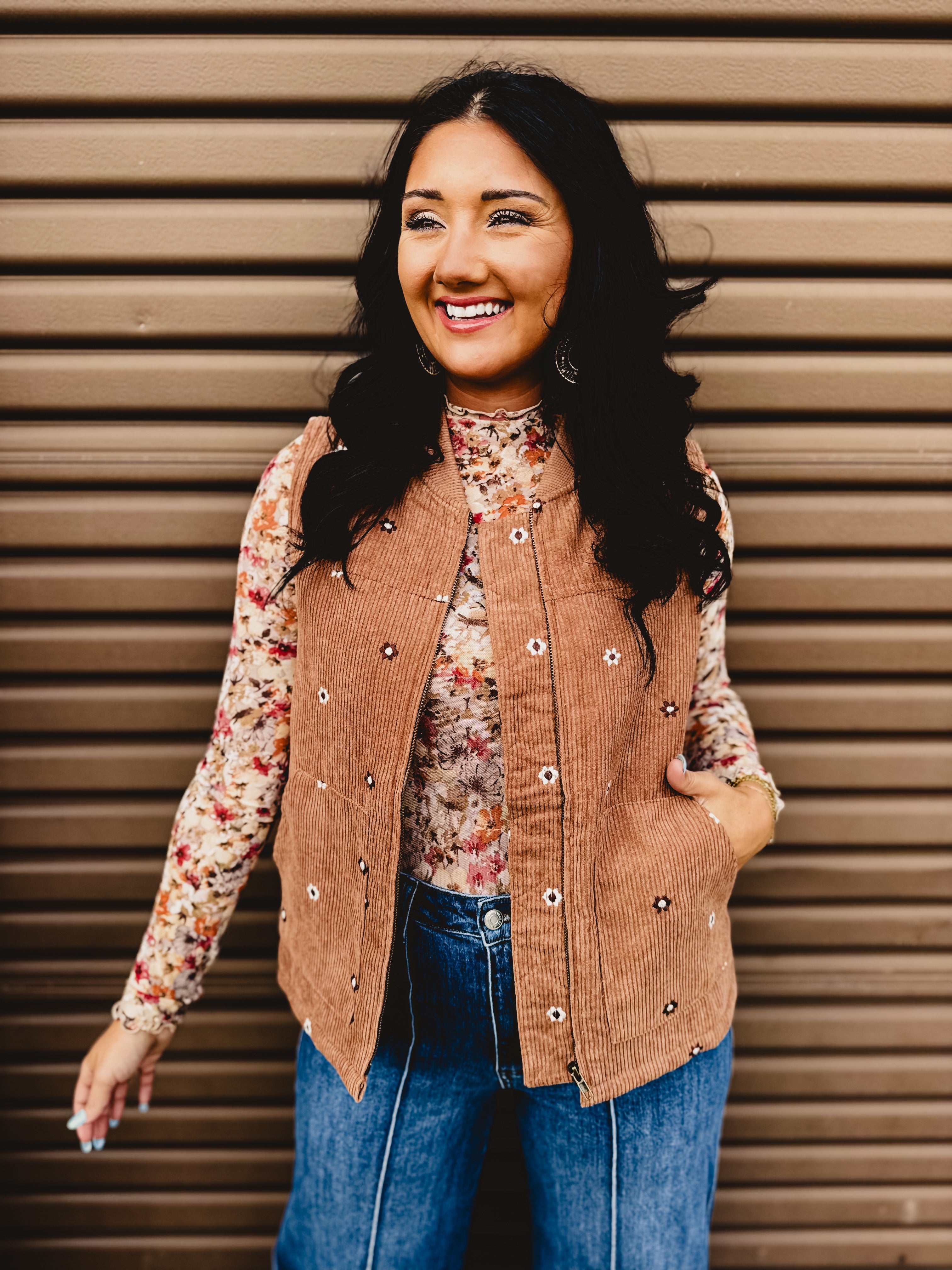 Floral Embroidered Corduroy Vest - Caramel Floral Embroidered Corduroy Vest - Caramel