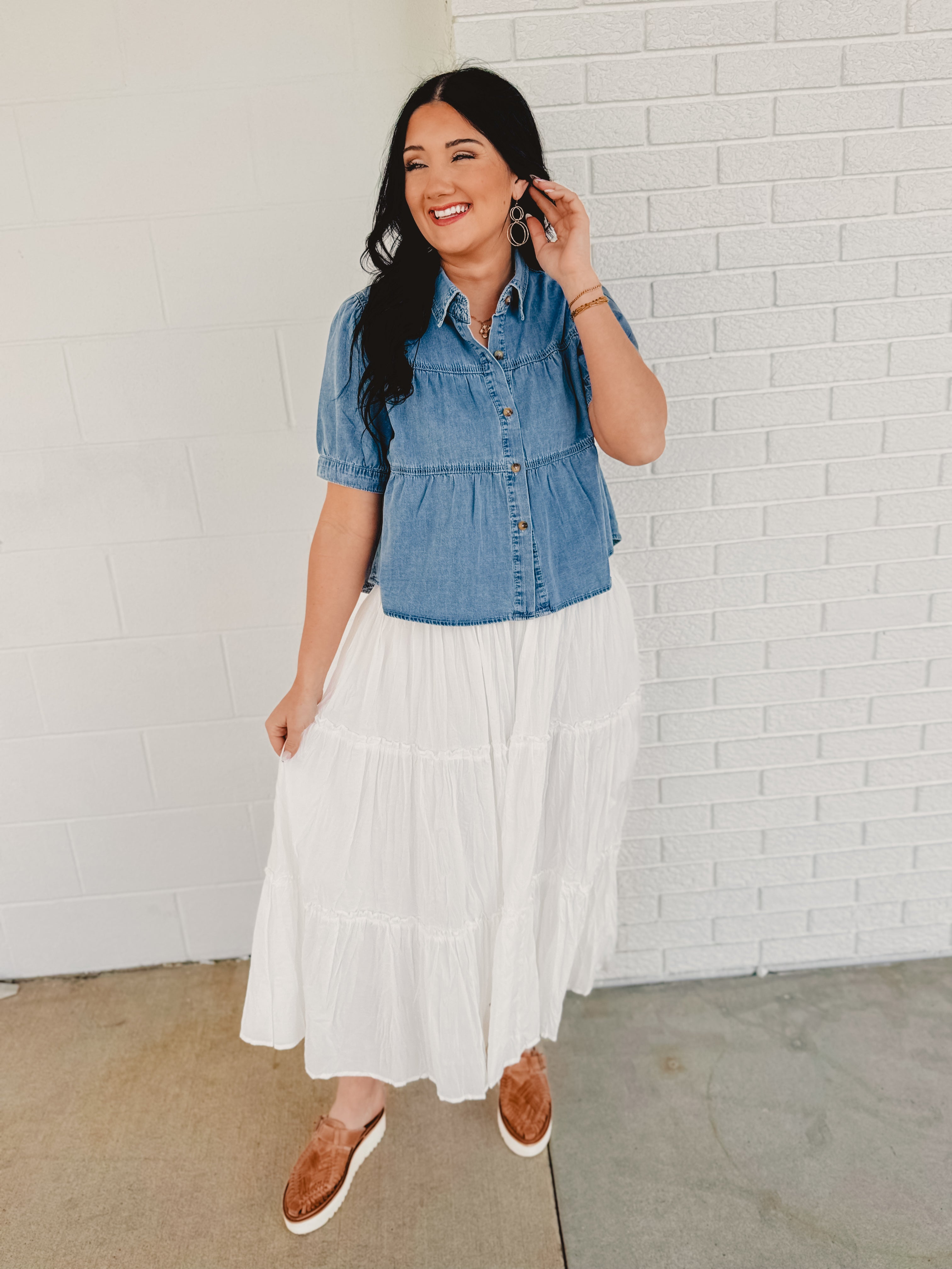 Crinkle Tiered Midi Skirt- White Crinkle Tiered Midi Skirt- White