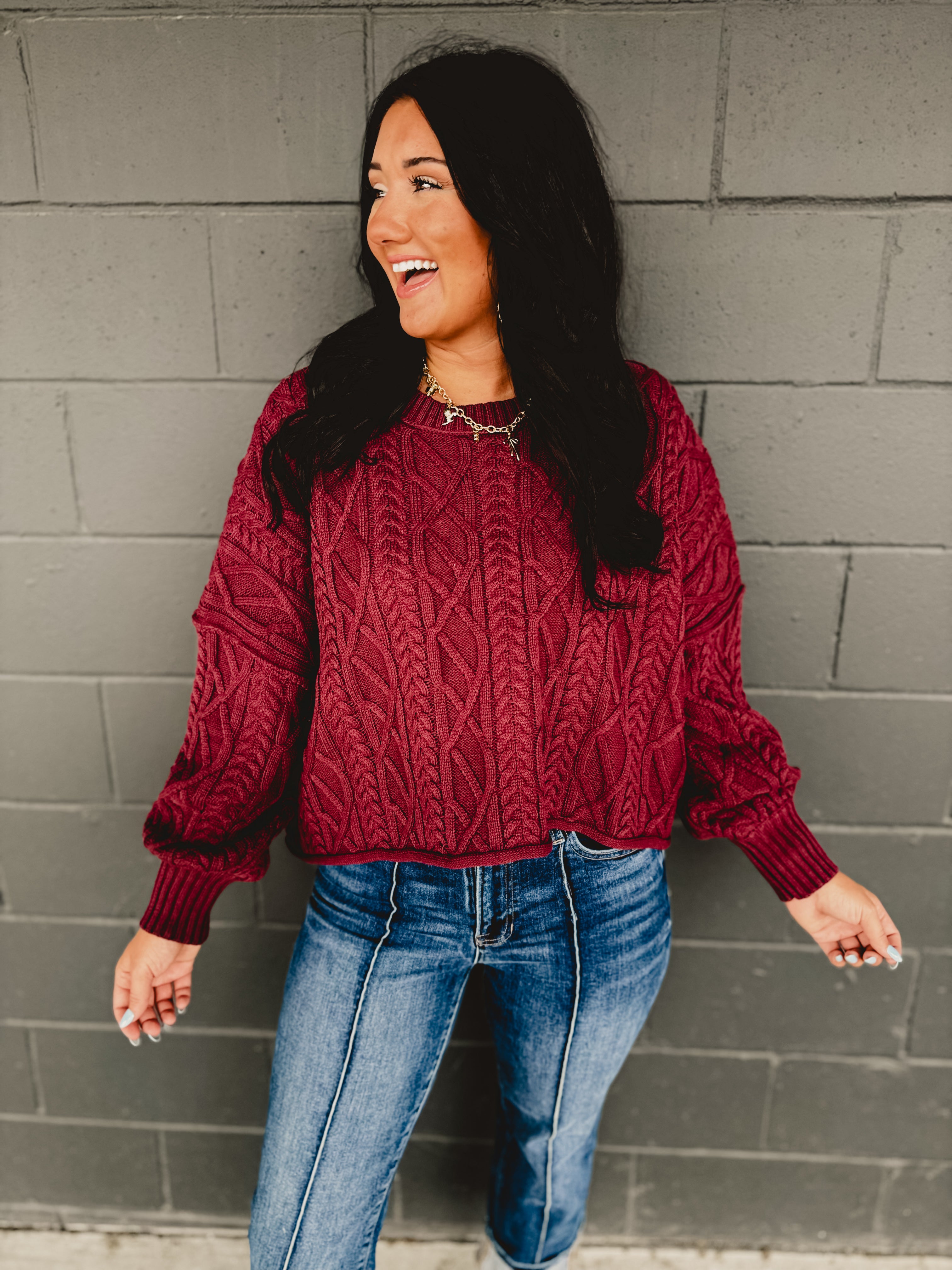 Cotton Cable Knit Pullover - Burgundy