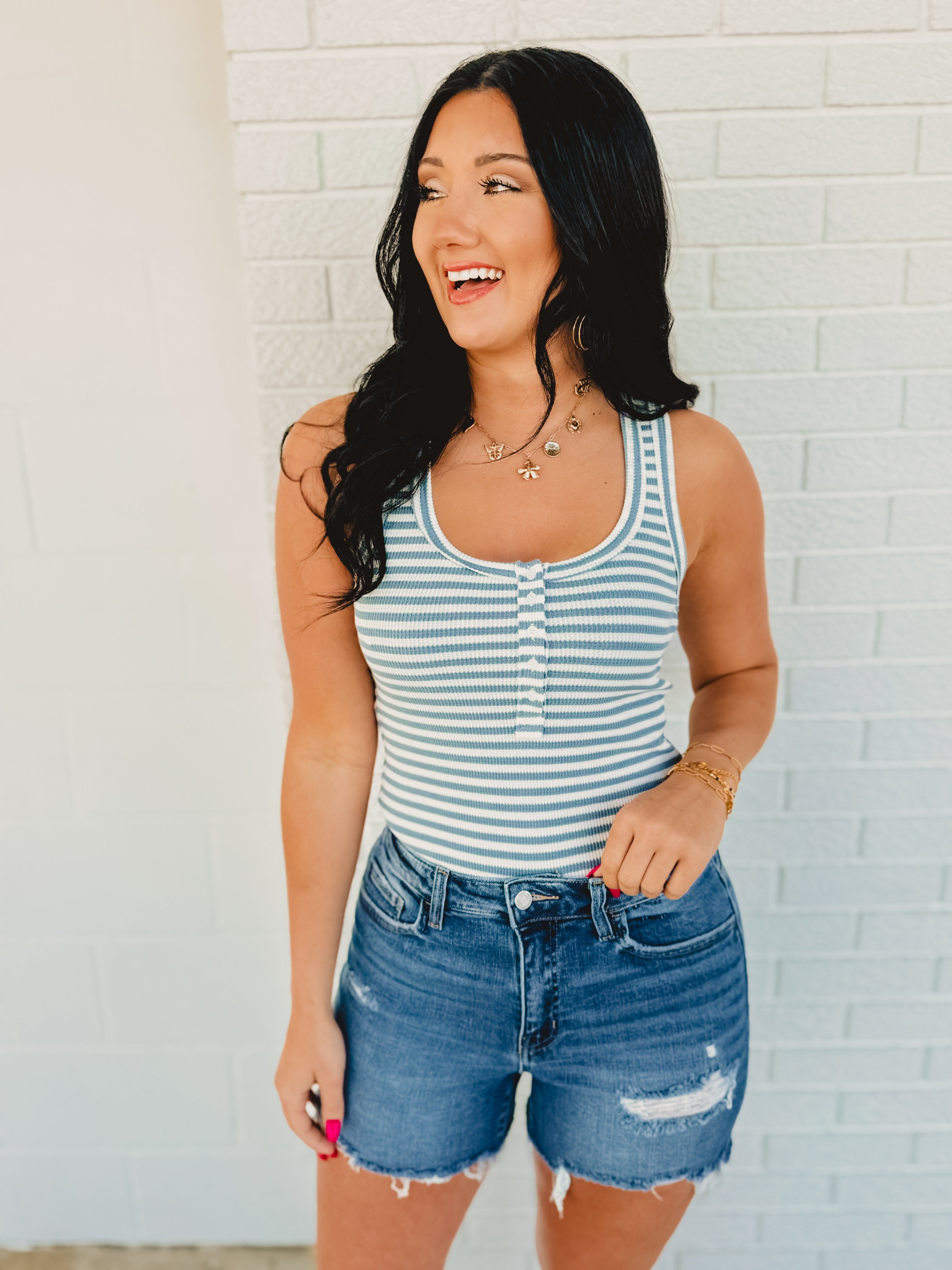 Striped & Solid Button Down Knit Tank Top - Sky Striped & Solid Button Down Knit Tank Top - Sky