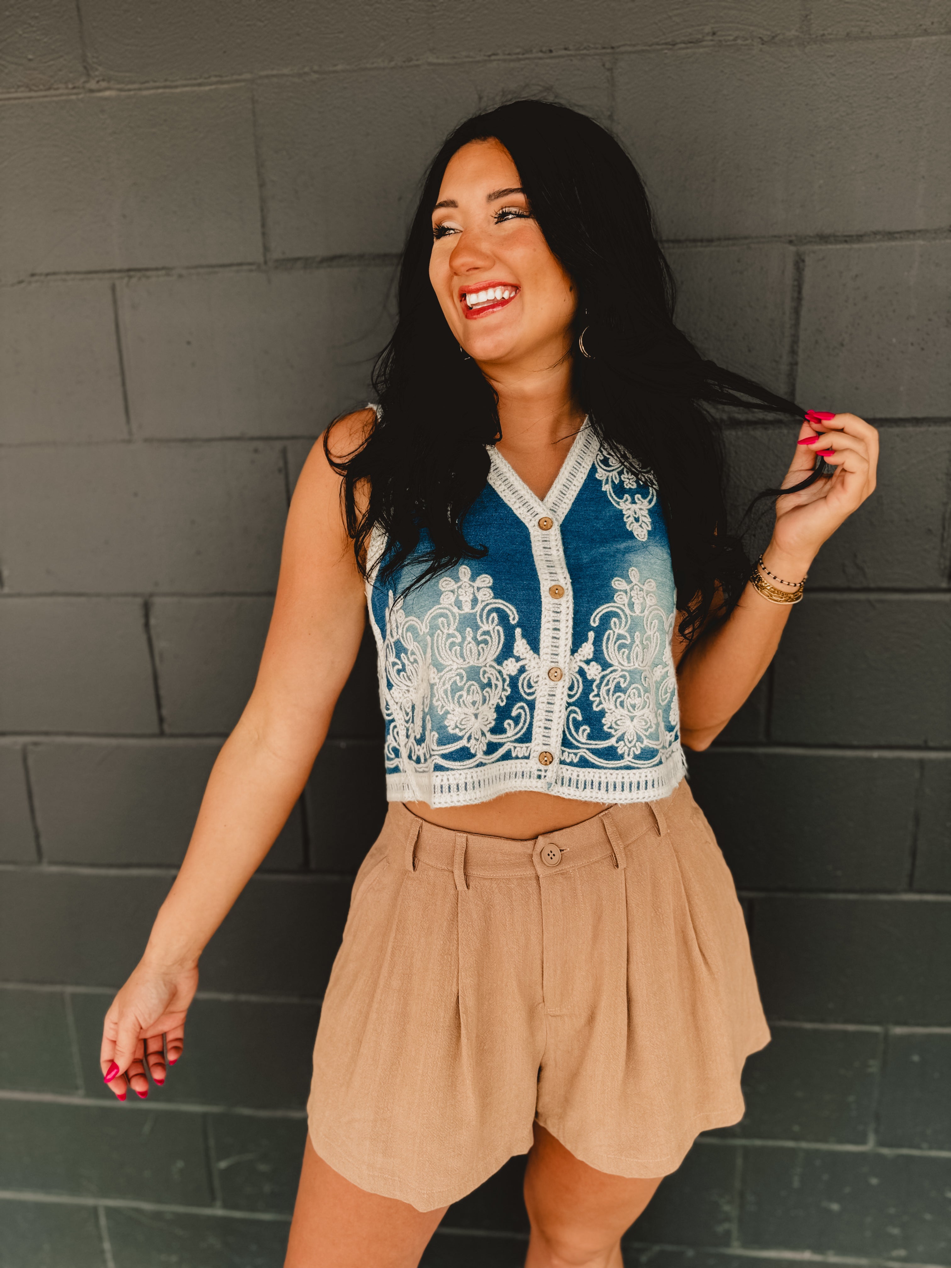 Denim Washed Embroidered Vest - Medium Wash Denim Washed Embroidered Vest - Medium Wash