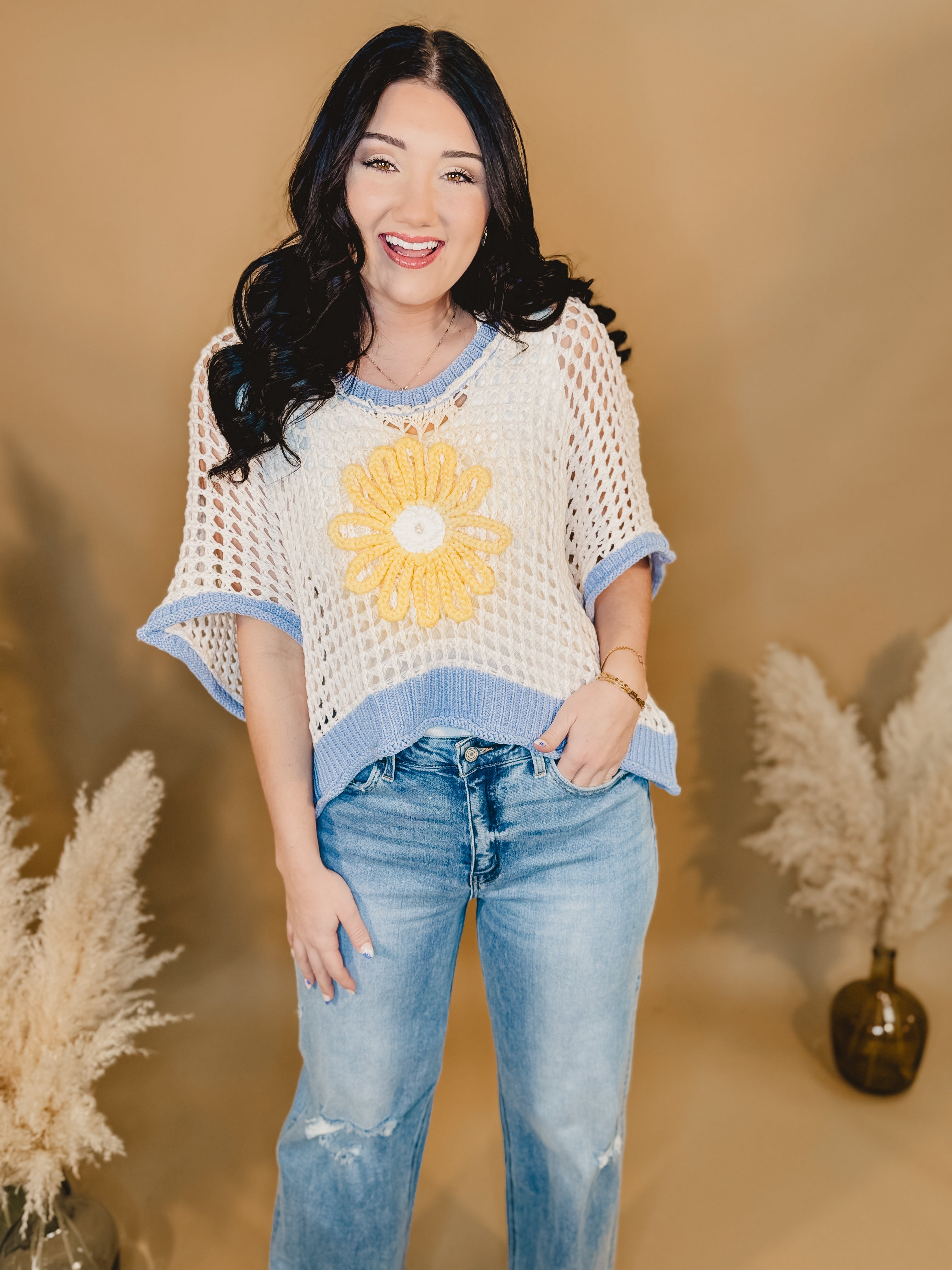 Daisy Crochet Knit Sweater - Ivory / Blue