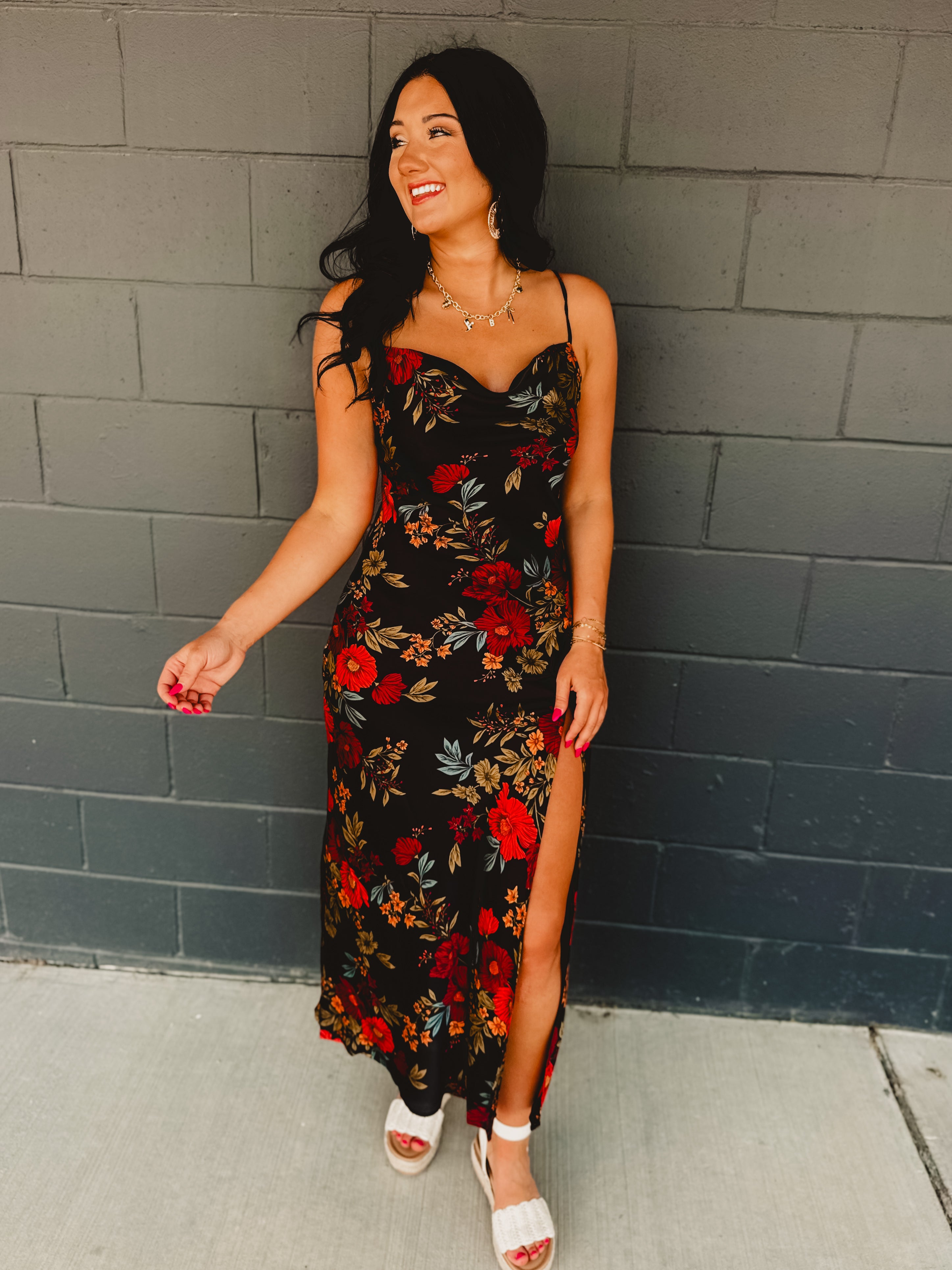 Black Satin Dress - Floral Black Satin Dress - Floral