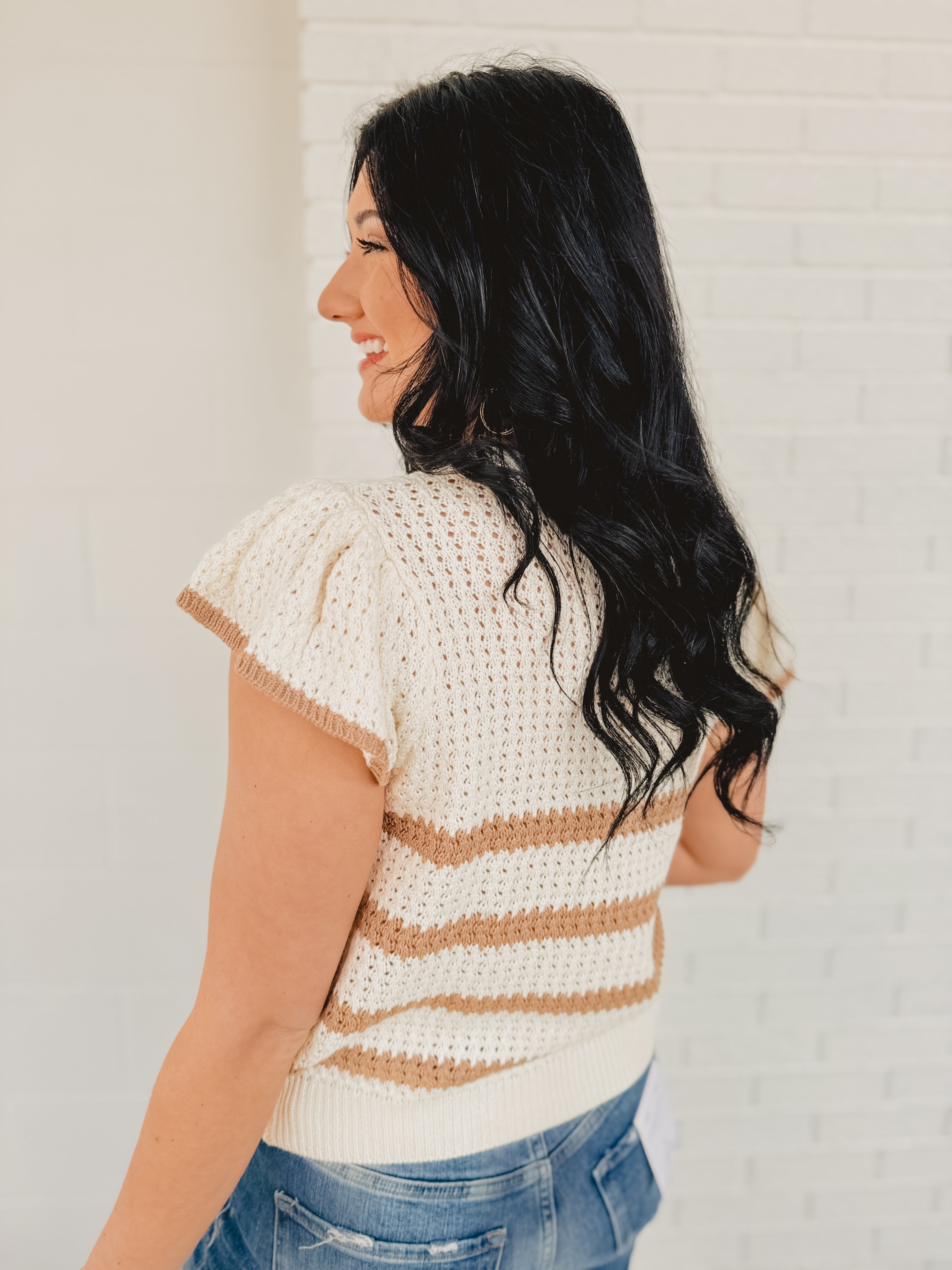 Stripe Short Sleeve Crochet Knit Top - Khaki/Cream