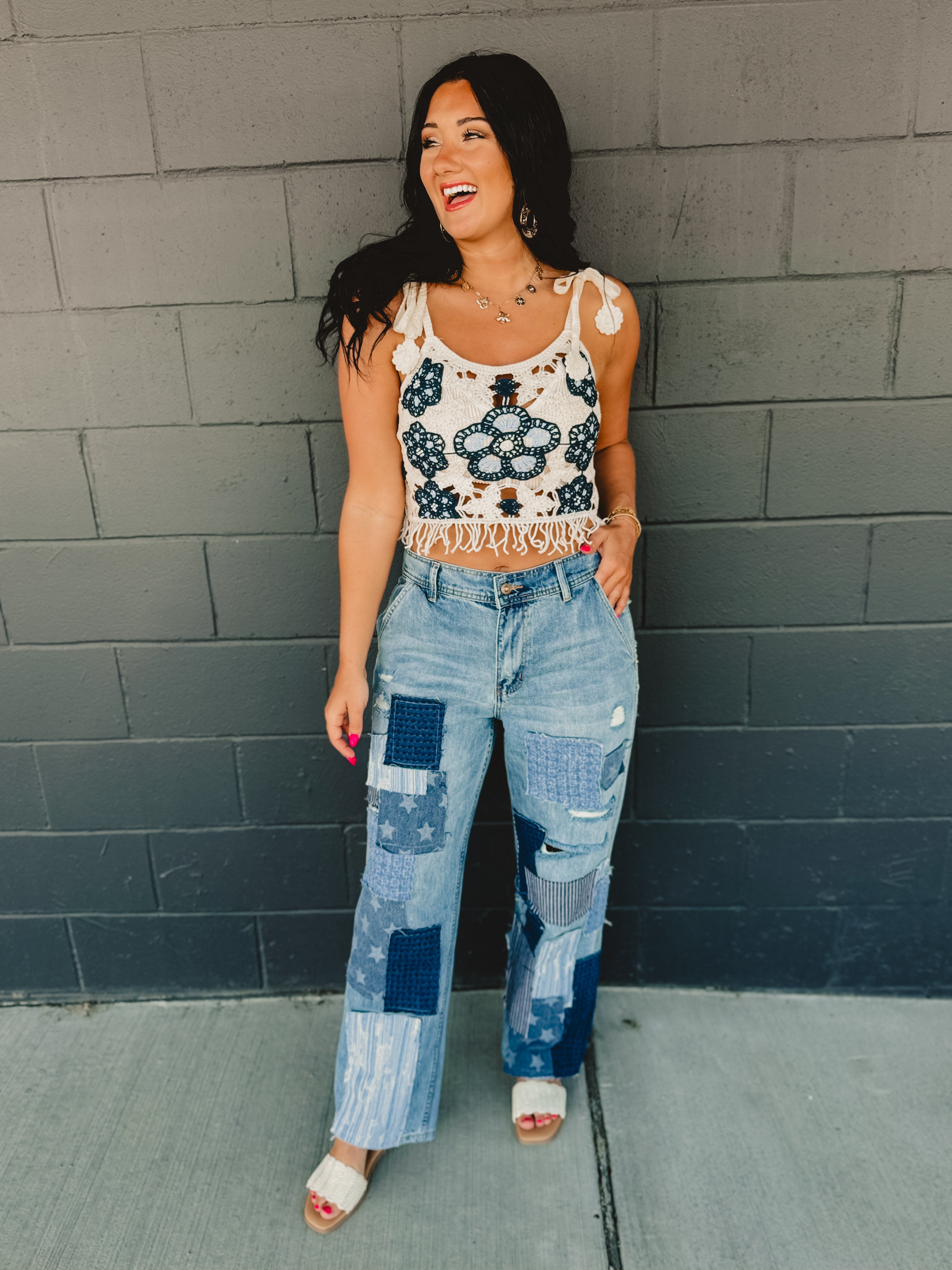 POL Crochet Weave Knit Tank - Blue/Cream POL Crochet Weave Knit Tank - Blue/Cream