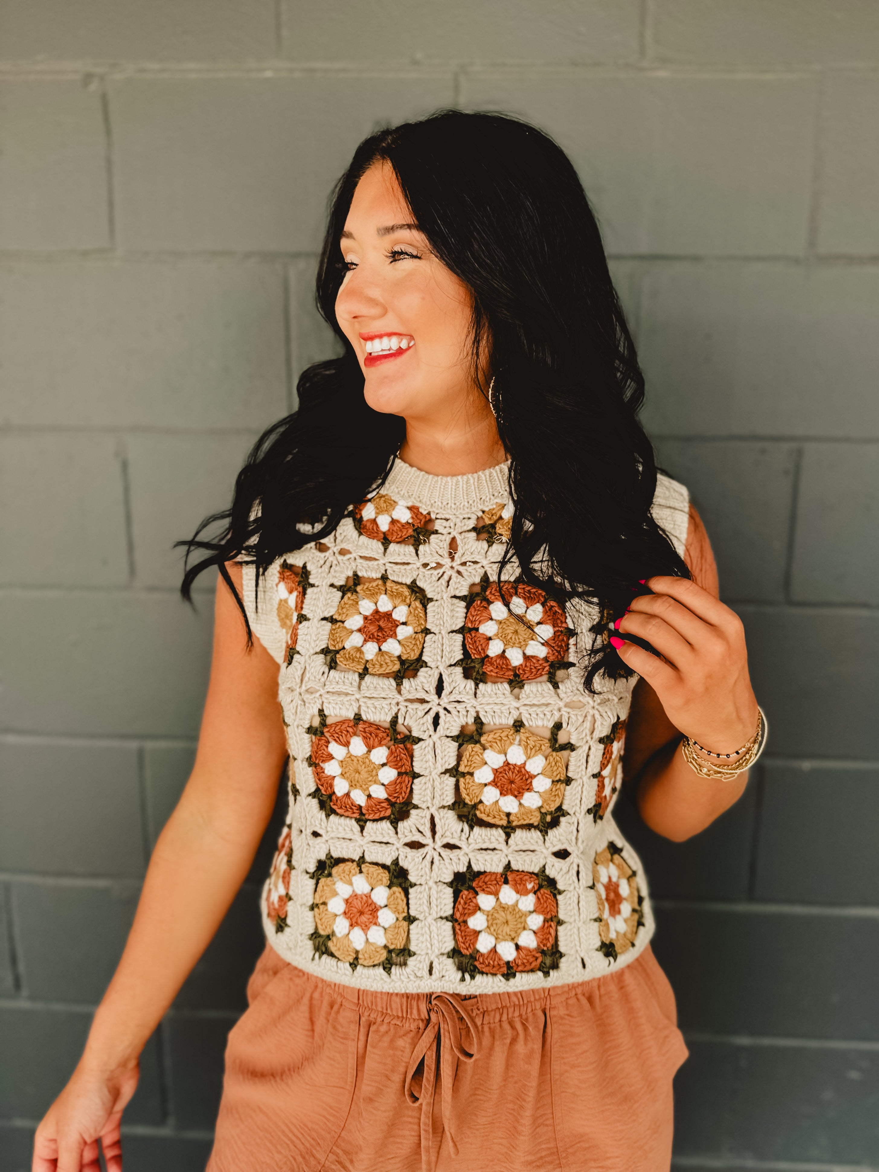 Flower Crochet Sweater Vest - Natural Multi Flower Crochet Sweater Vest - Natural Multi