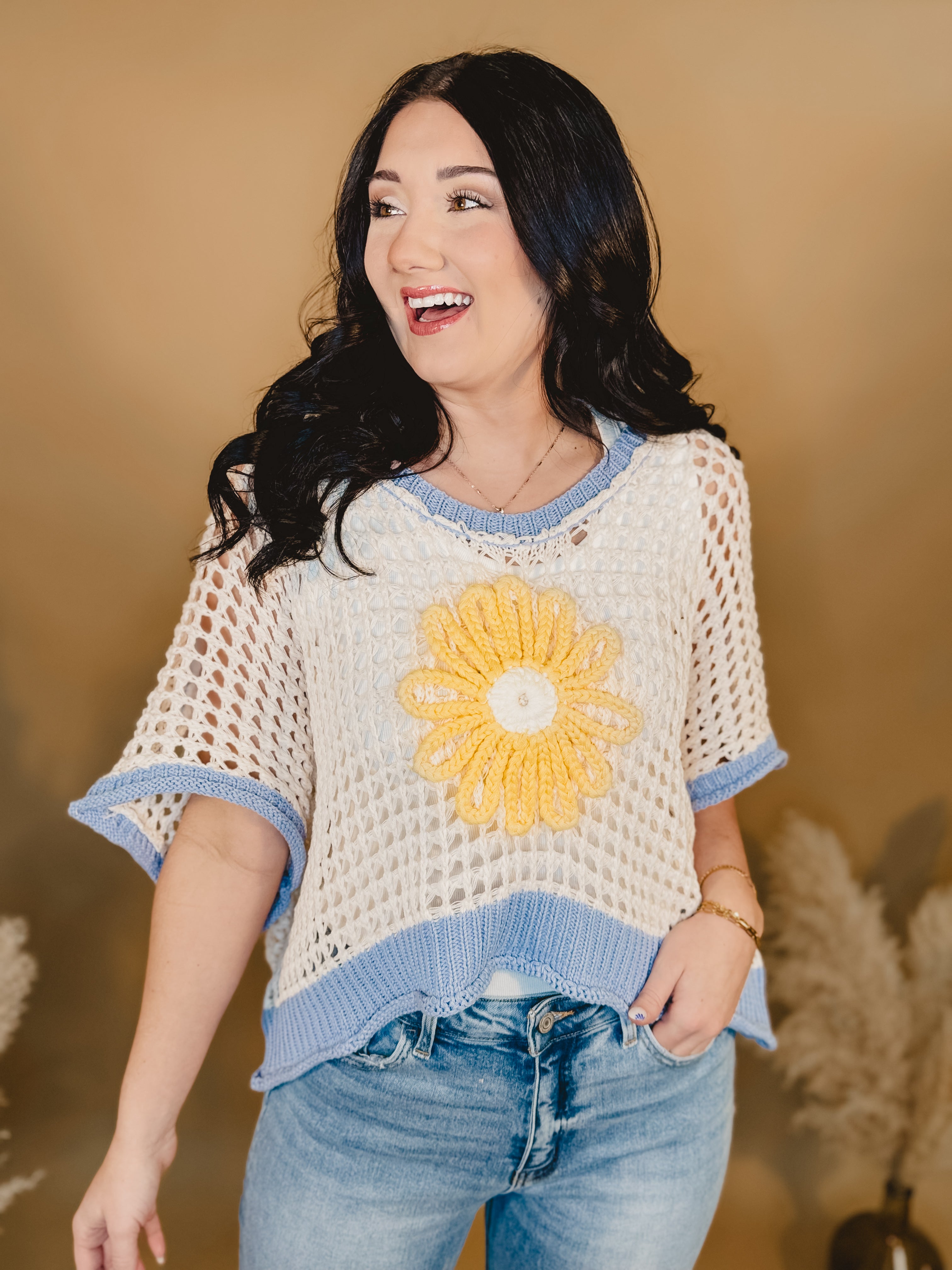 Daisy Crochet Knit Sweater - Ivory / Blue Daisy Crochet Knit Sweater - Ivory / Blue