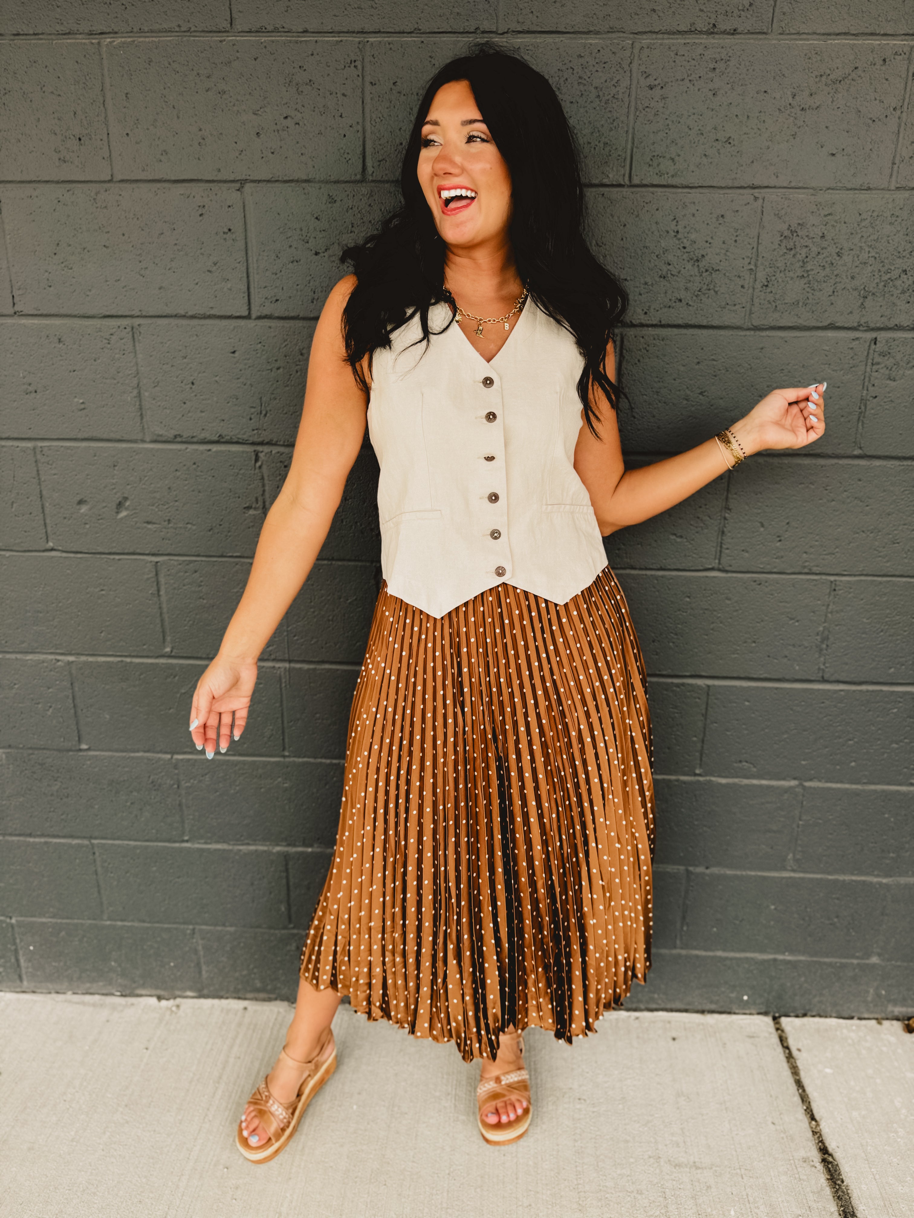 Polka Dot Pleated Skirt - Mocha Mousse