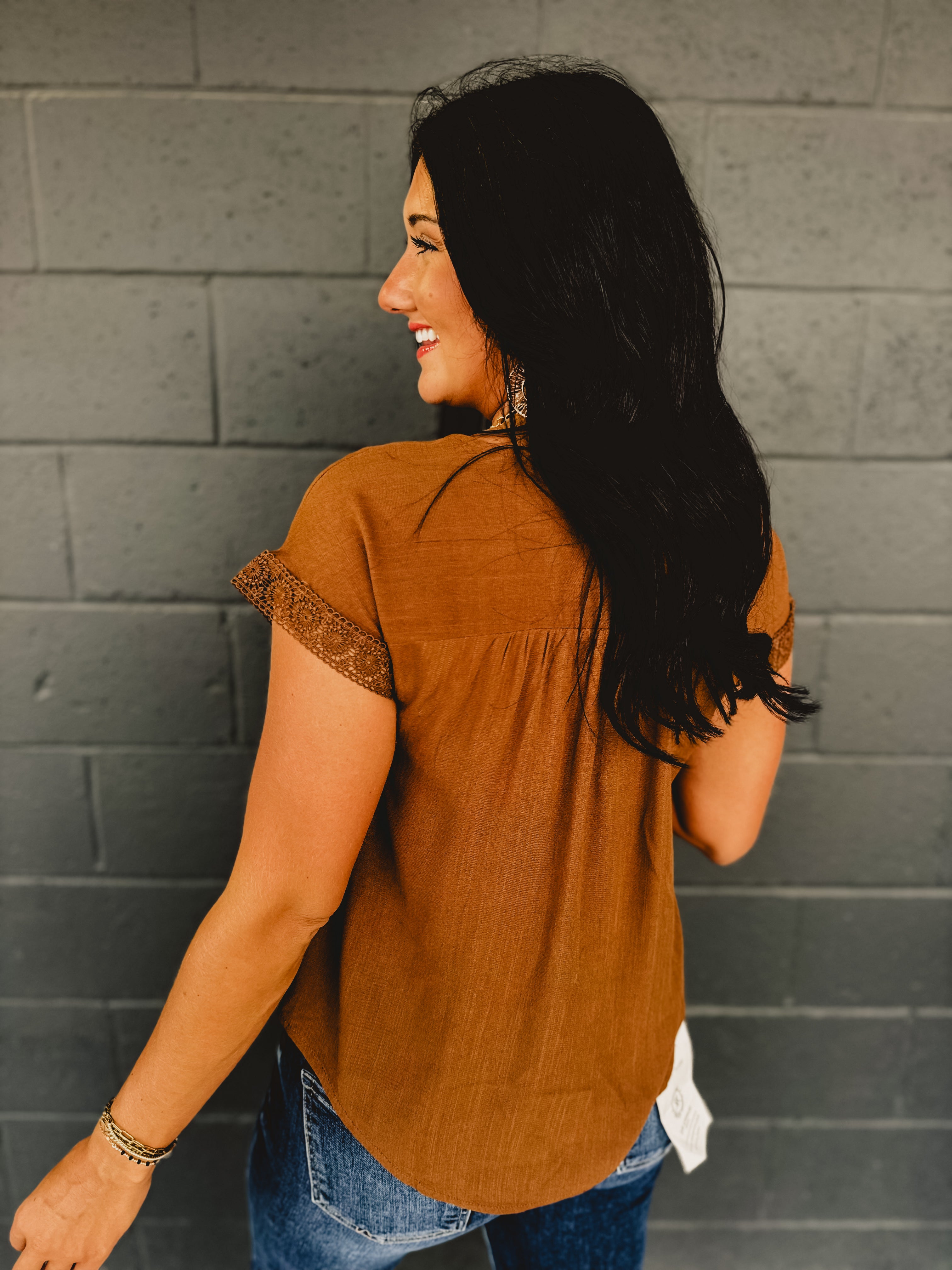 Lace Detail Pleated Top - Brown