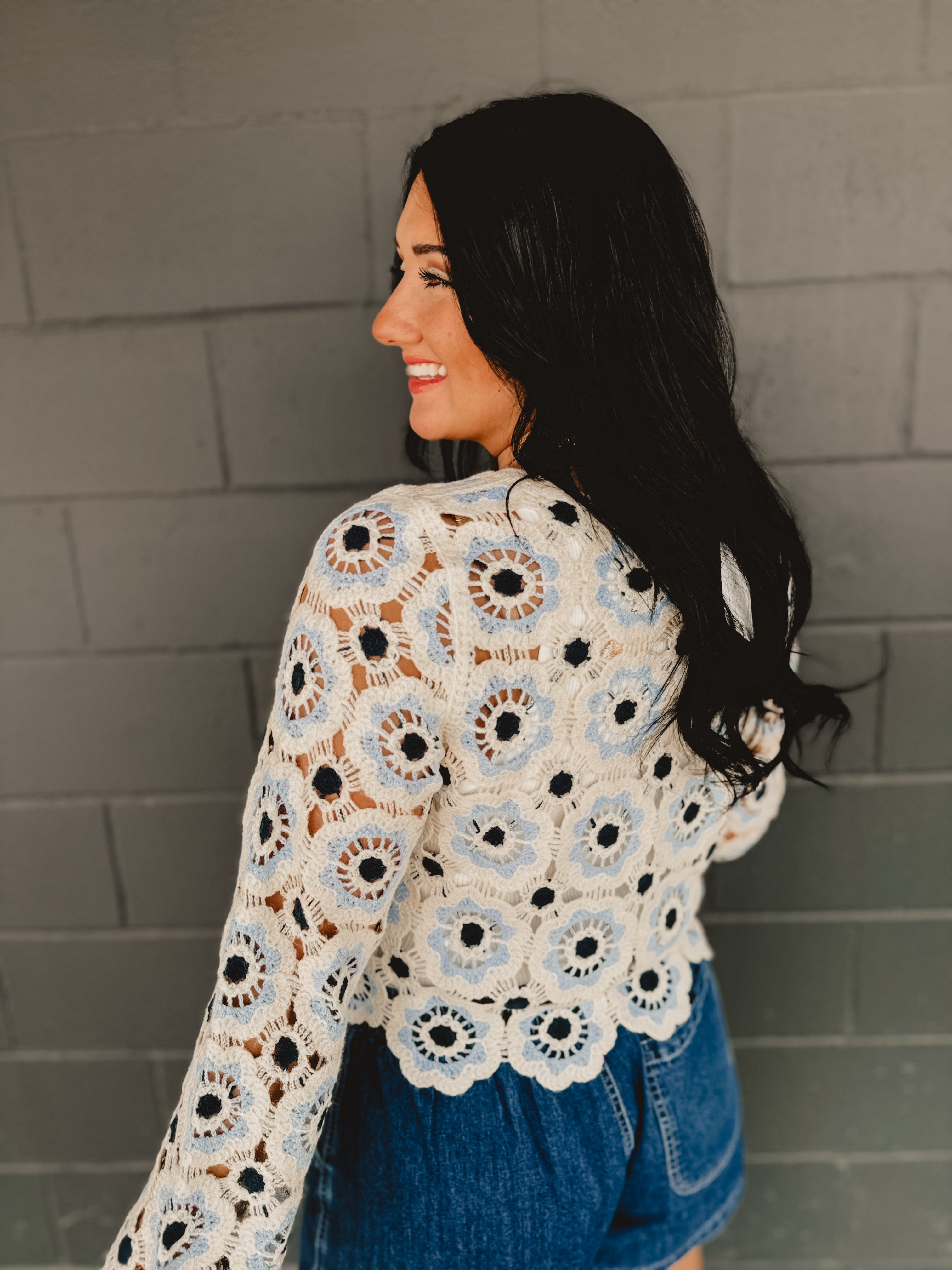 Crochet Flower Knit Long Sleeve Top - Blue Multi Crochet Flower Knit Long Sleeve Top - Blue Multi