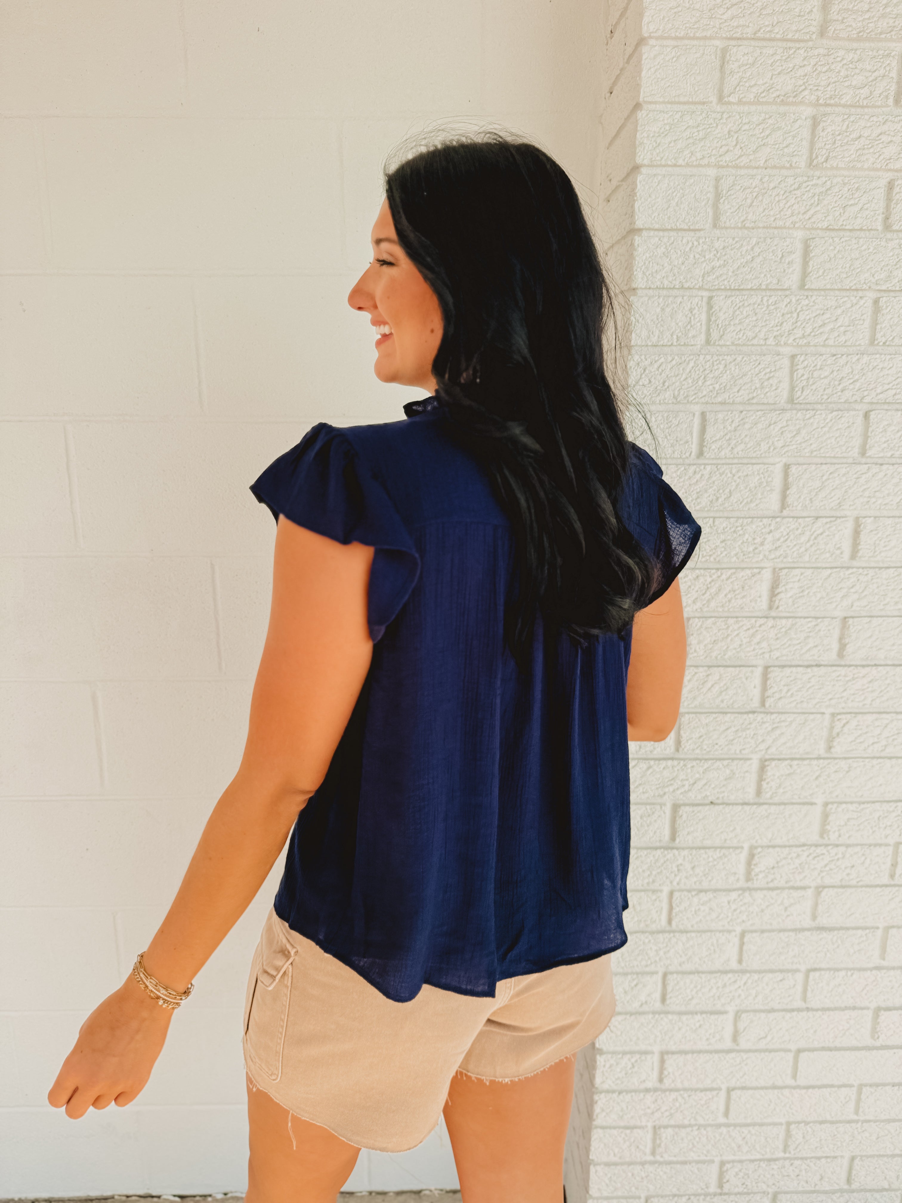 Lace Trim Ruffle Short Sleeve Blouse - Navy