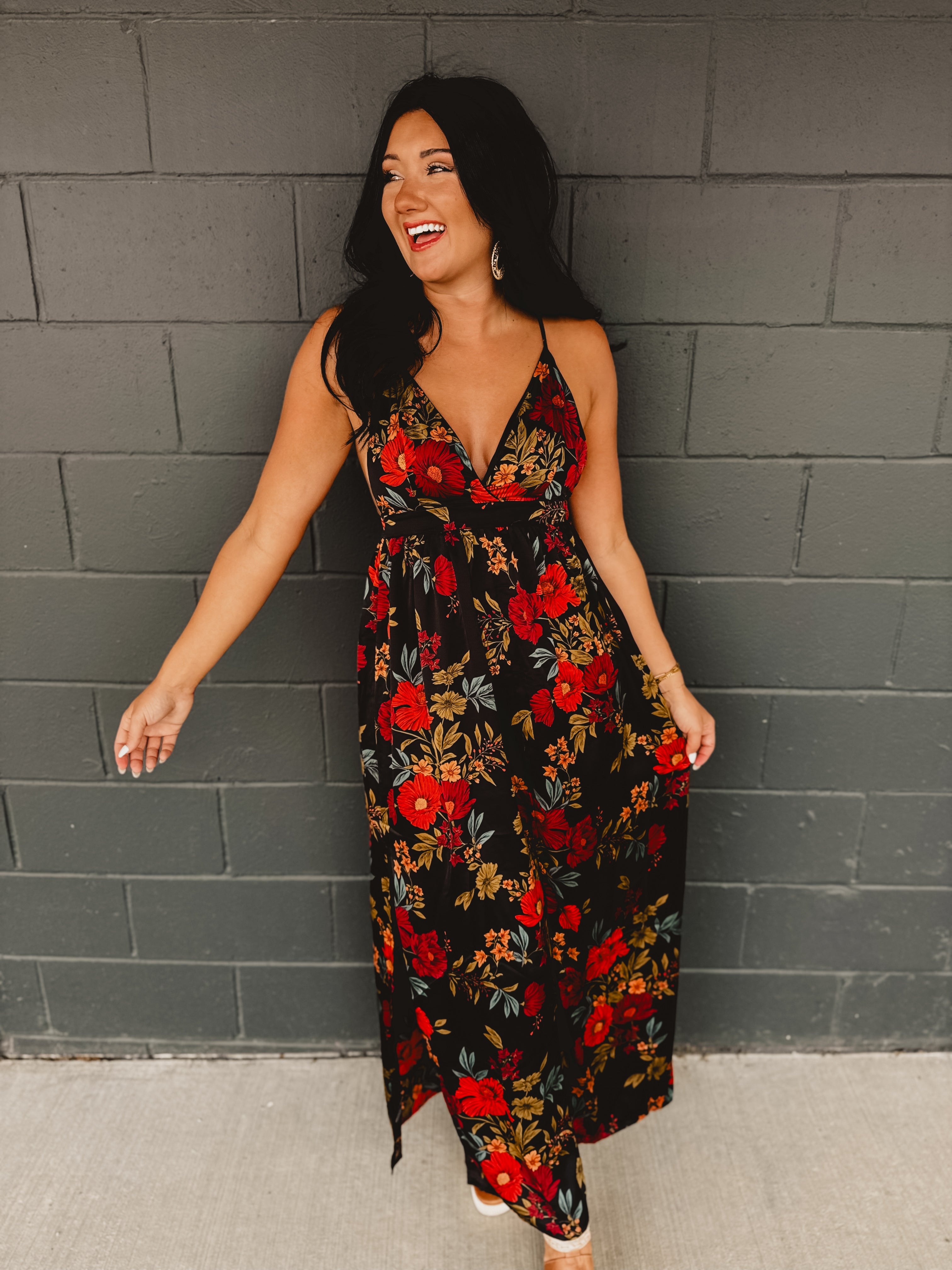 Midnight Floral Strappy Maxi Dress - Black