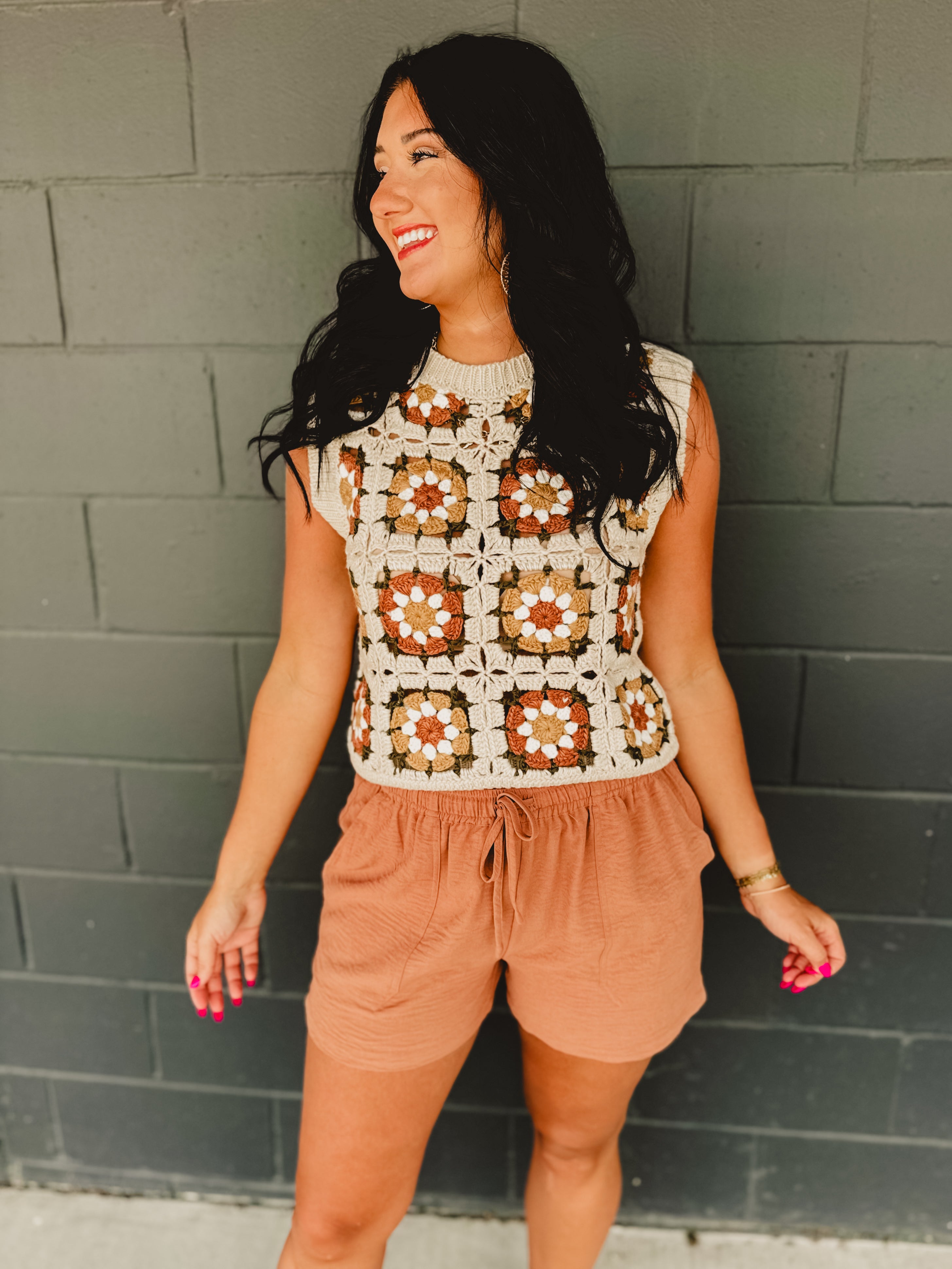 Flower Crochet Sweater Vest - Natural Multi