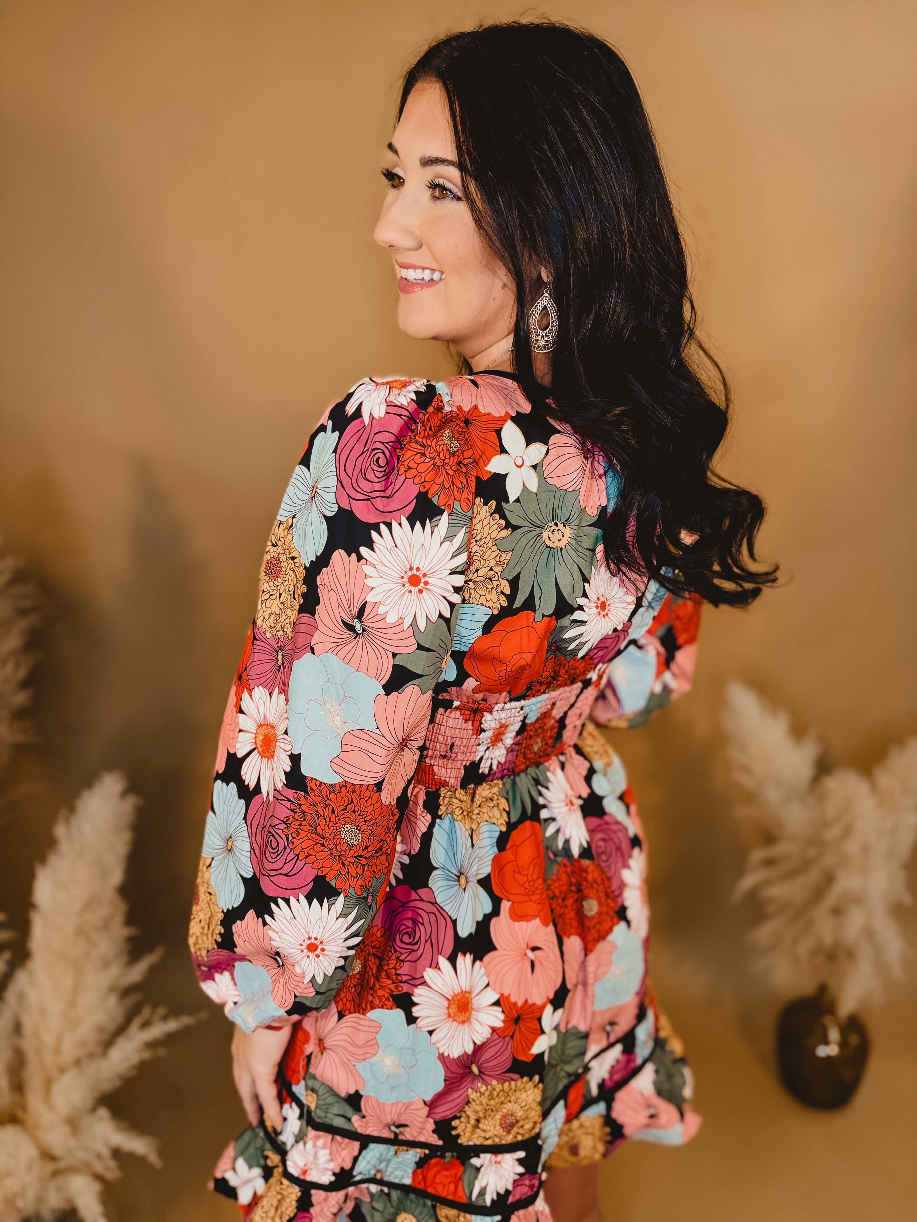 Floral Front Tie Detail Long Sleeve Dress - Black Floral Front Tie Detail Long Sleeve Dress - Black