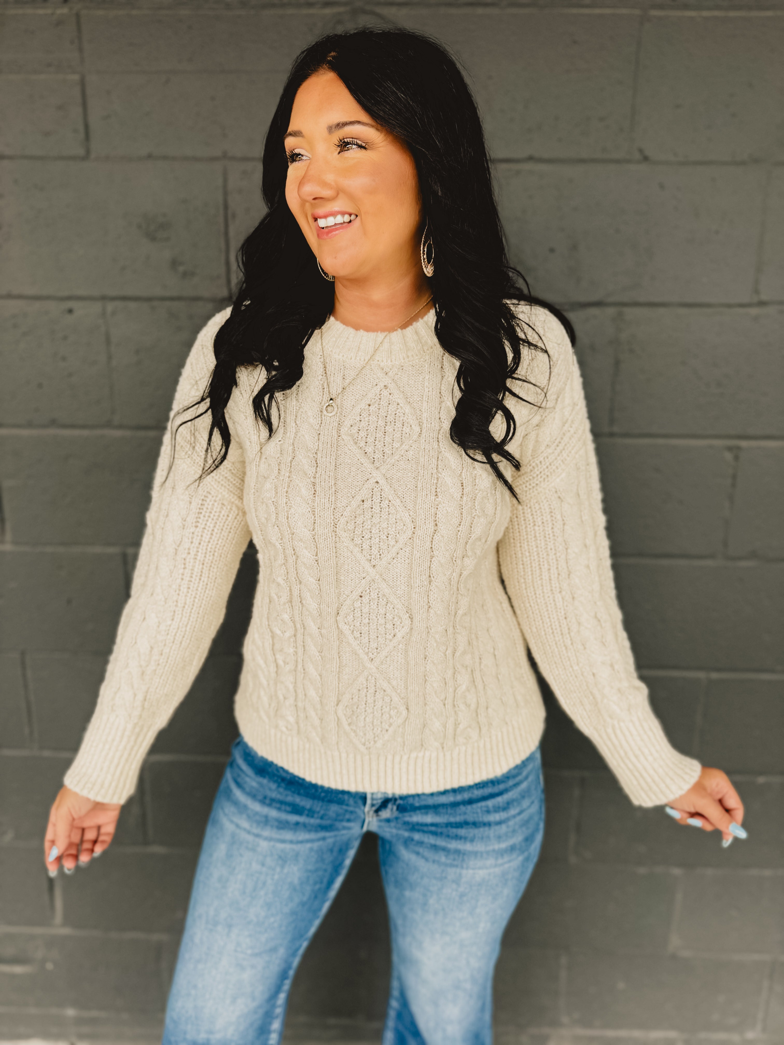 Cable Knit Crewneck Long Sleeve Sweater - Cream Cable Knit Crewneck Long Sleeve Sweater - Cream