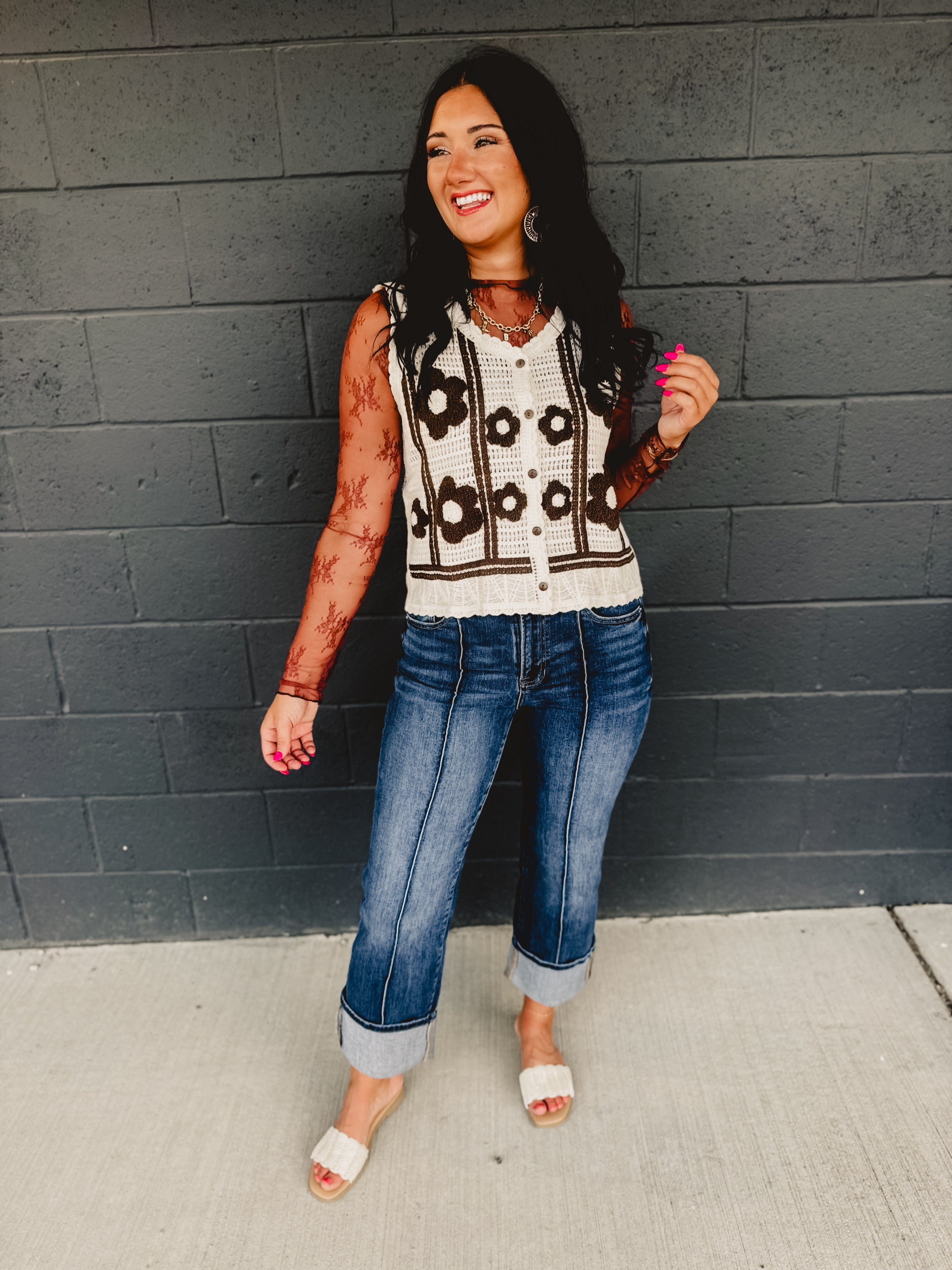 Floral Crochet Button Sweater Vest - Cream/Brown Floral Crochet Button Sweater Vest - Cream/Brown