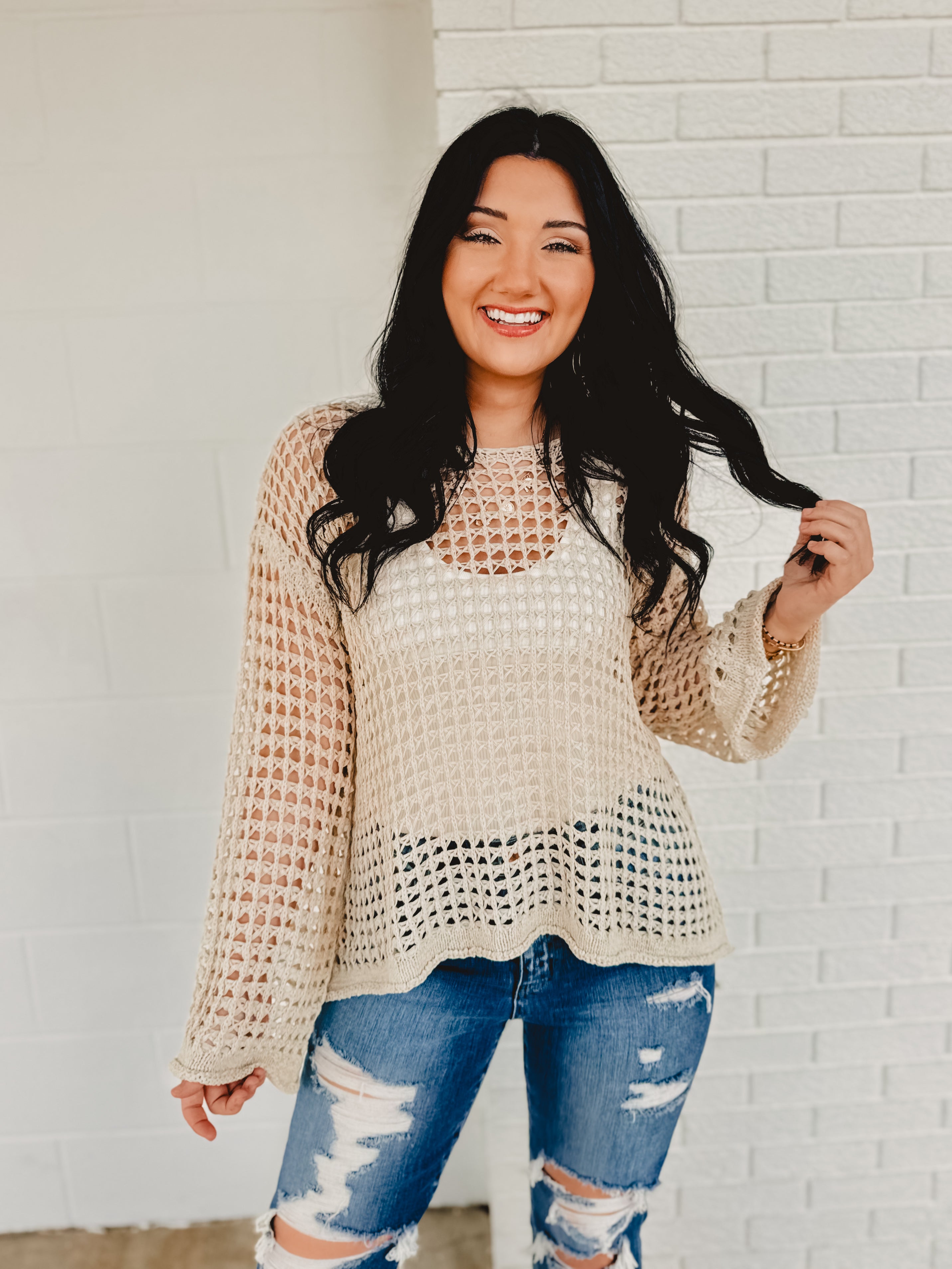 POL Dropped Shoulder Open Knit Boat Neck Sweater Top - Natural