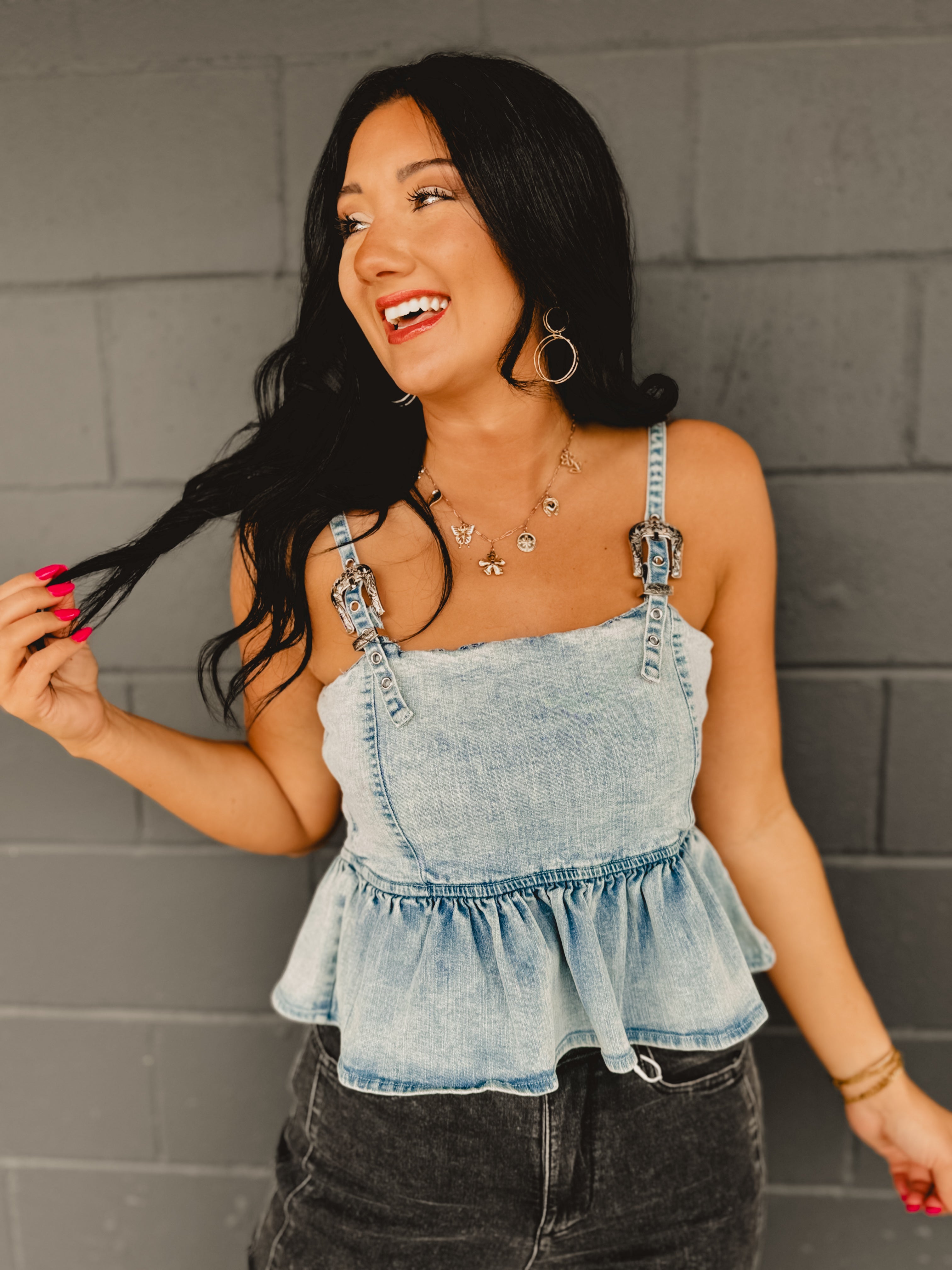 Western Buckle Denim Peplum Tank - Light Wash