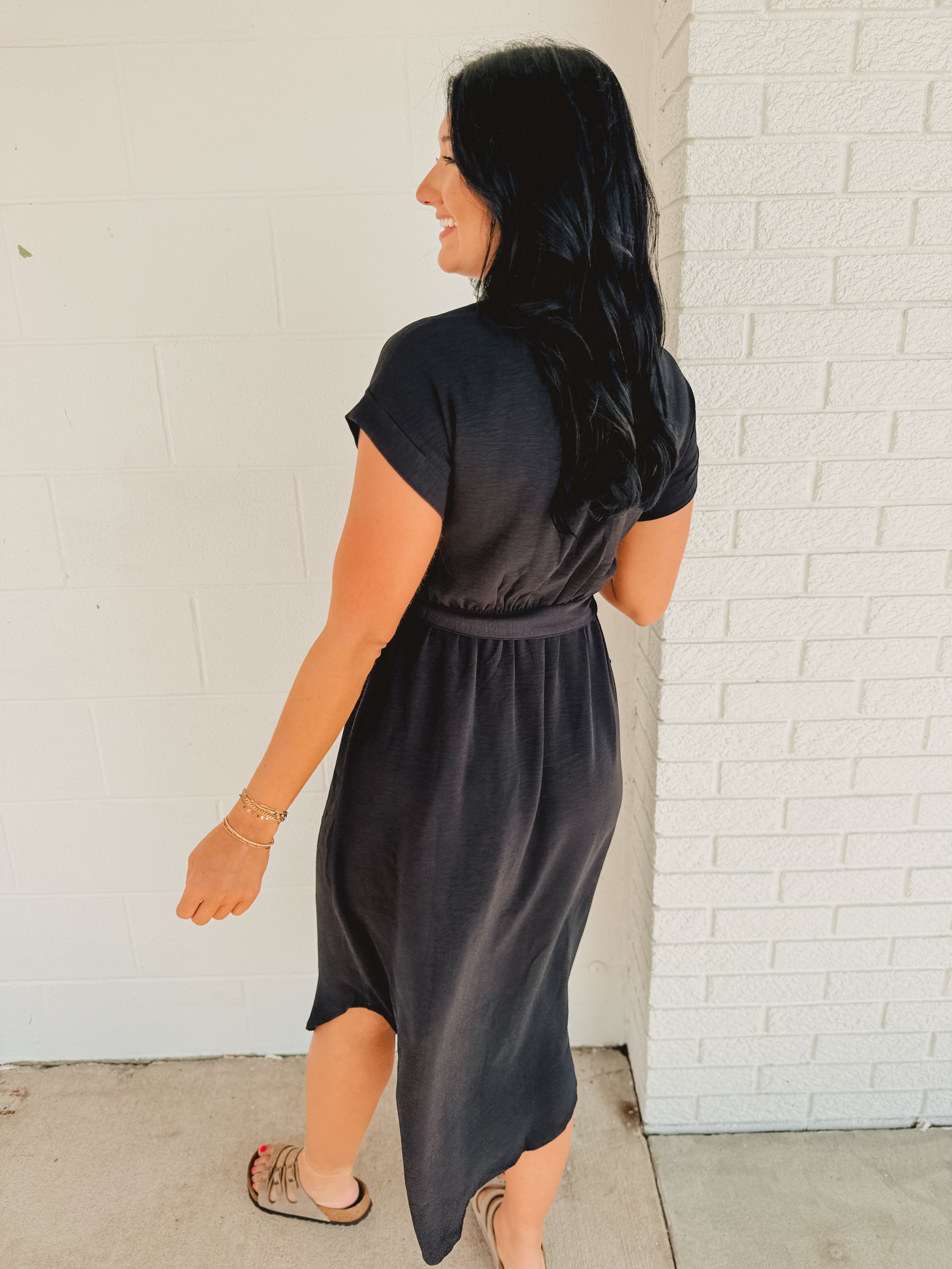 Button Down Belted Midi Dress - Black Button Down Belted Midi Dress - Black